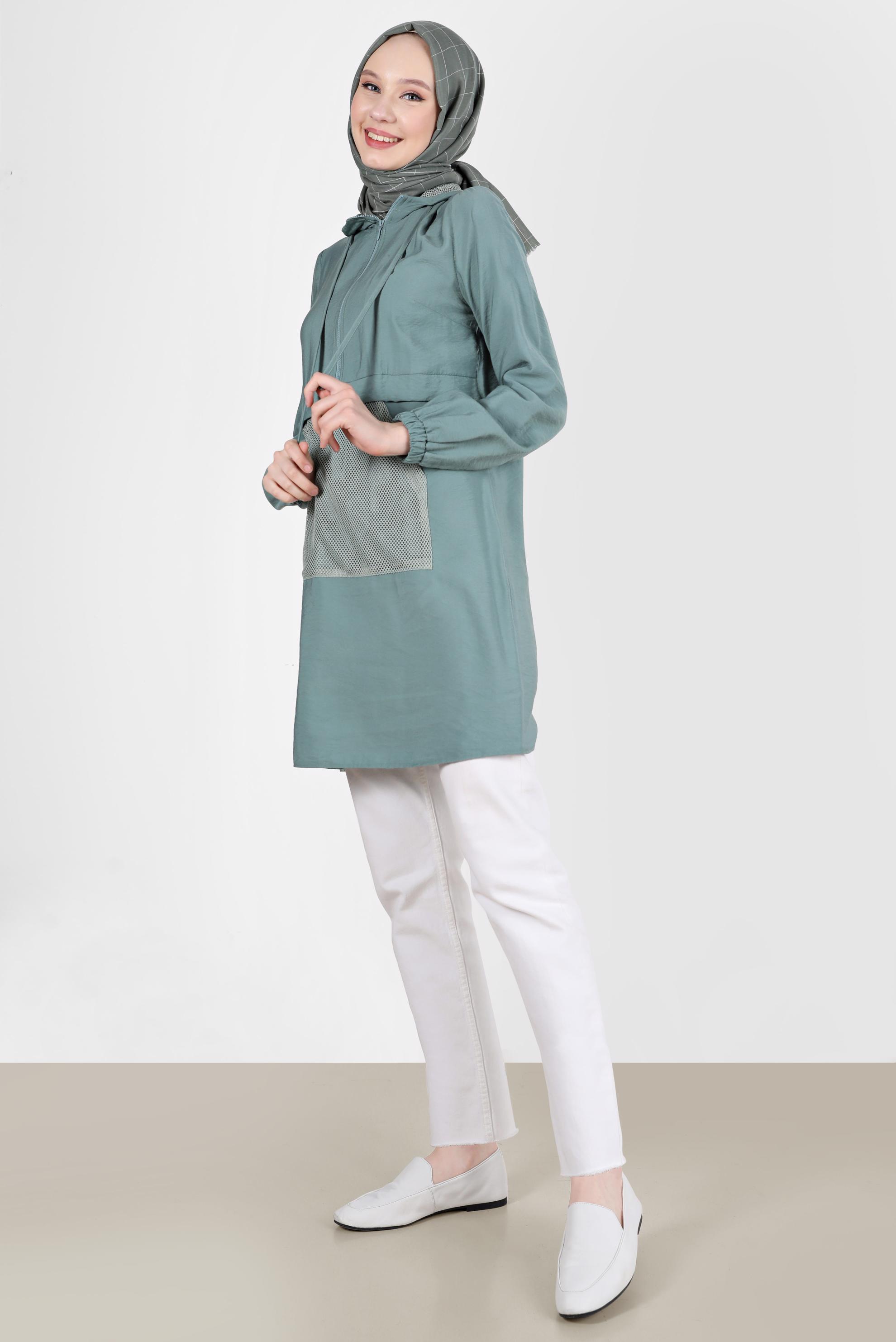 Tesettür giyim YEŞİL FİLE DETAYLI KAPÜŞONLU TUNİK 41745 