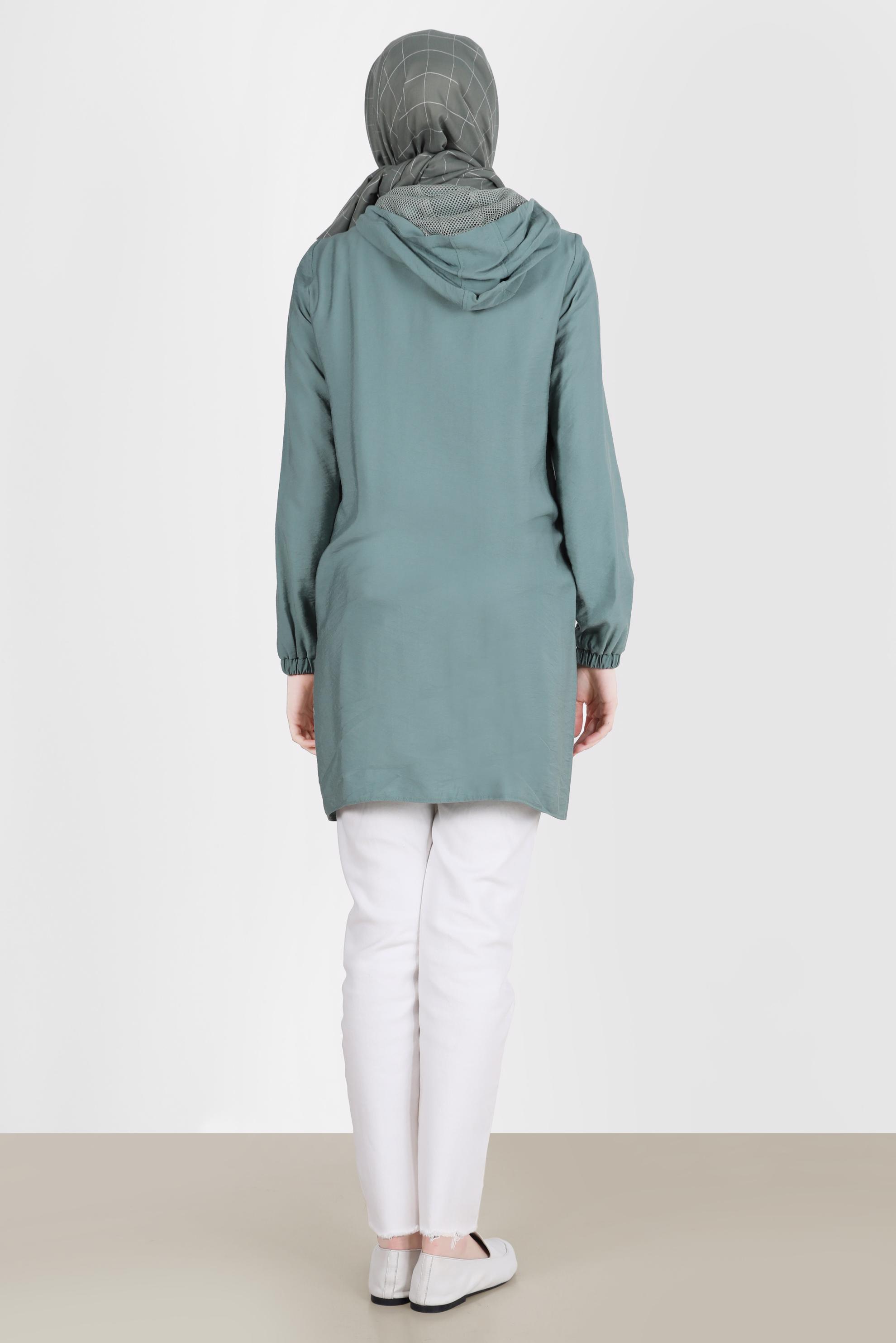 Tesettür giyim YEŞİL FİLE DETAYLI KAPÜŞONLU TUNİK 41745 