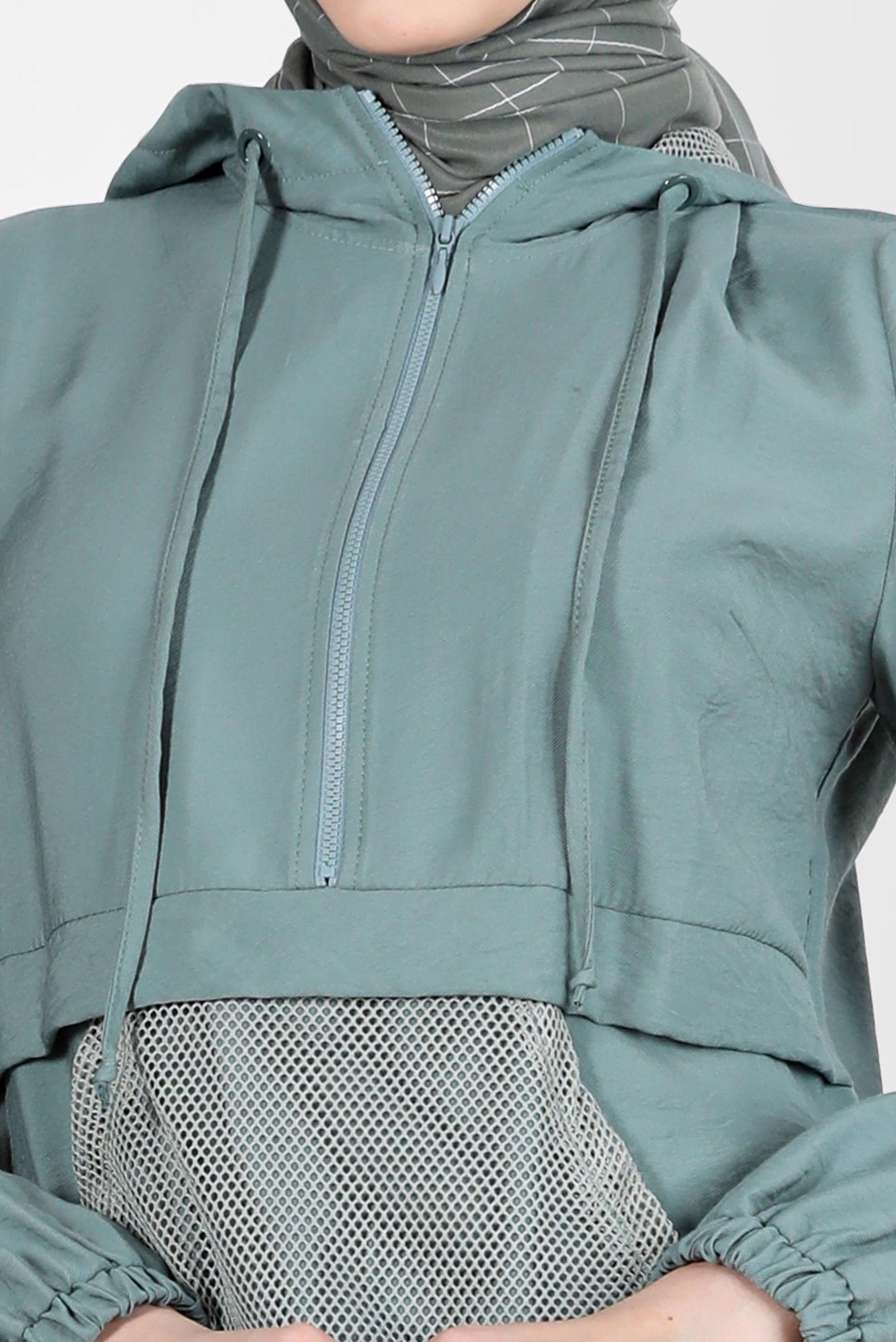 Tesettür giyim YEŞİL FİLE DETAYLI KAPÜŞONLU TUNİK 41745 