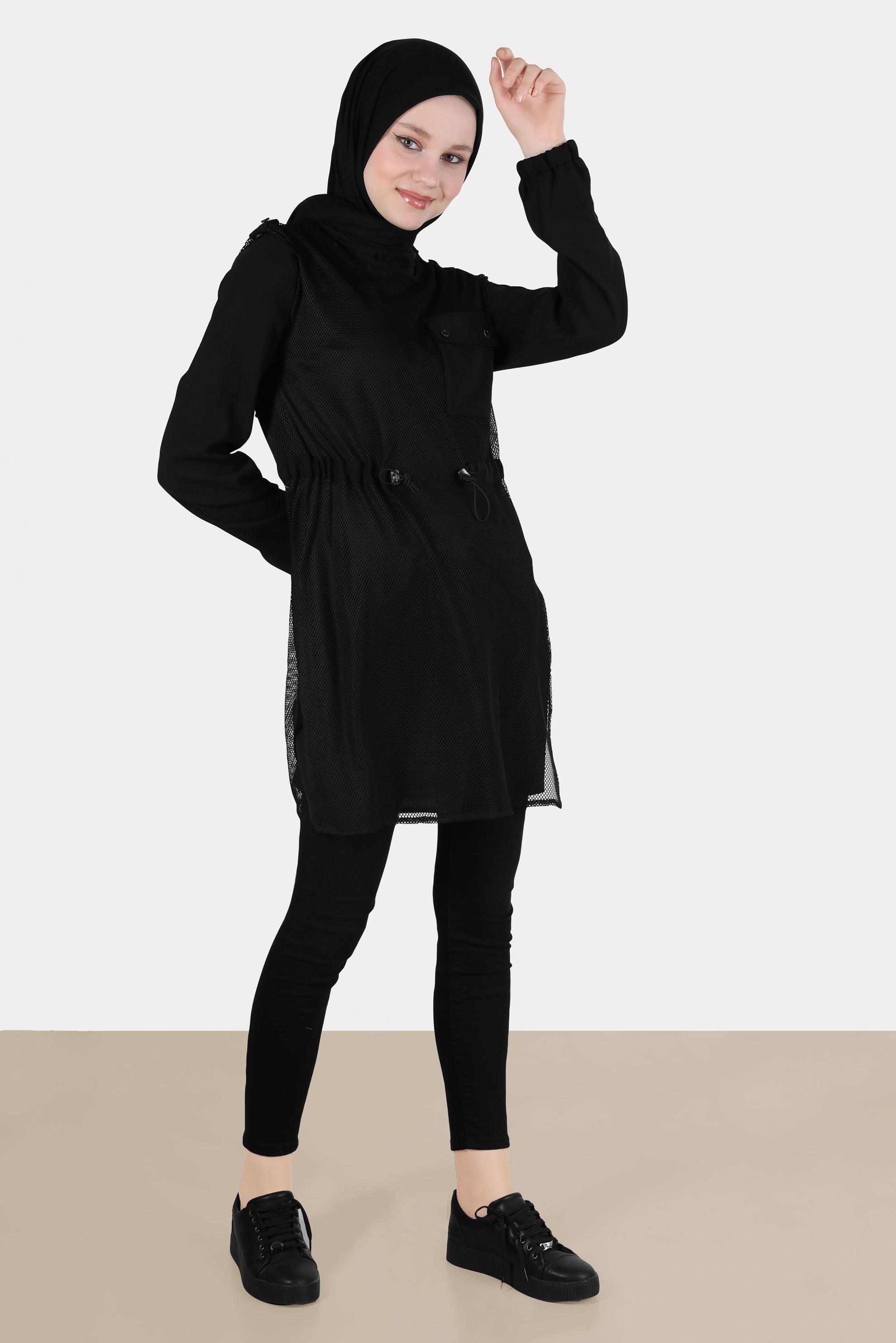 Tesettür giyim SİYAH FİLE DETAYLI BELİ BÜZGÜLÜ İKİLİ TUNİK 41750 