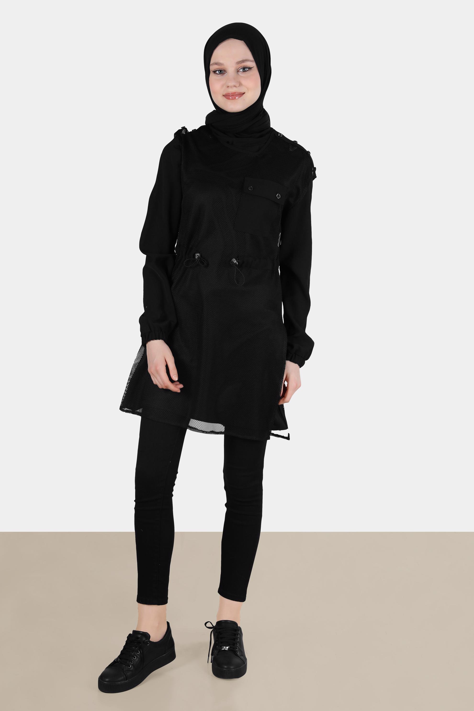 Tesettür giyim SİYAH FİLE DETAYLI BELİ BÜZGÜLÜ İKİLİ TUNİK 41750 