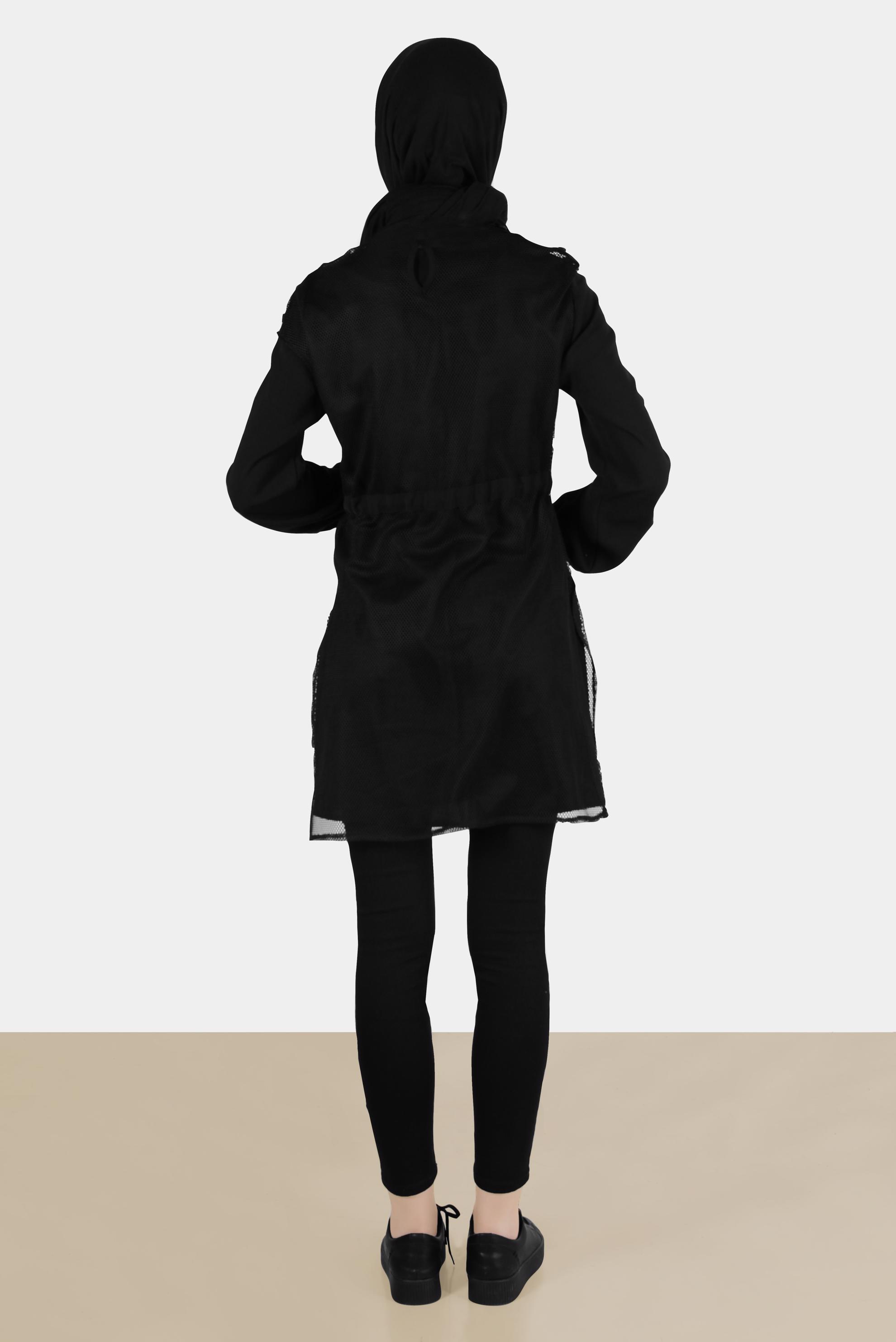 Tesettür giyim SİYAH FİLE DETAYLI BELİ BÜZGÜLÜ İKİLİ TUNİK 41750 