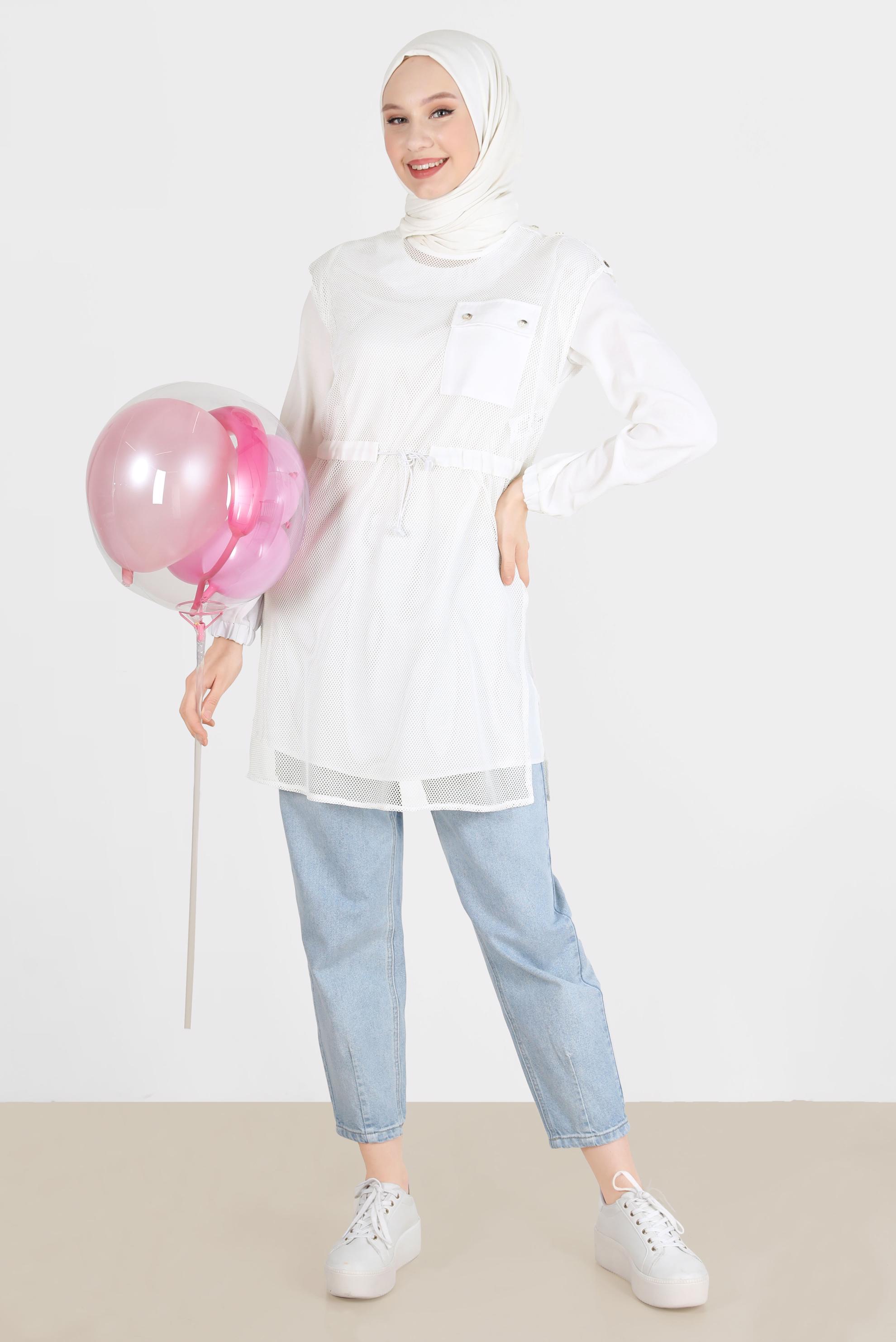 Tesettür giyim BEYAZ FİLE DETAYLI BELİ BÜZGÜLÜ İKİLİ TUNİK 41750 