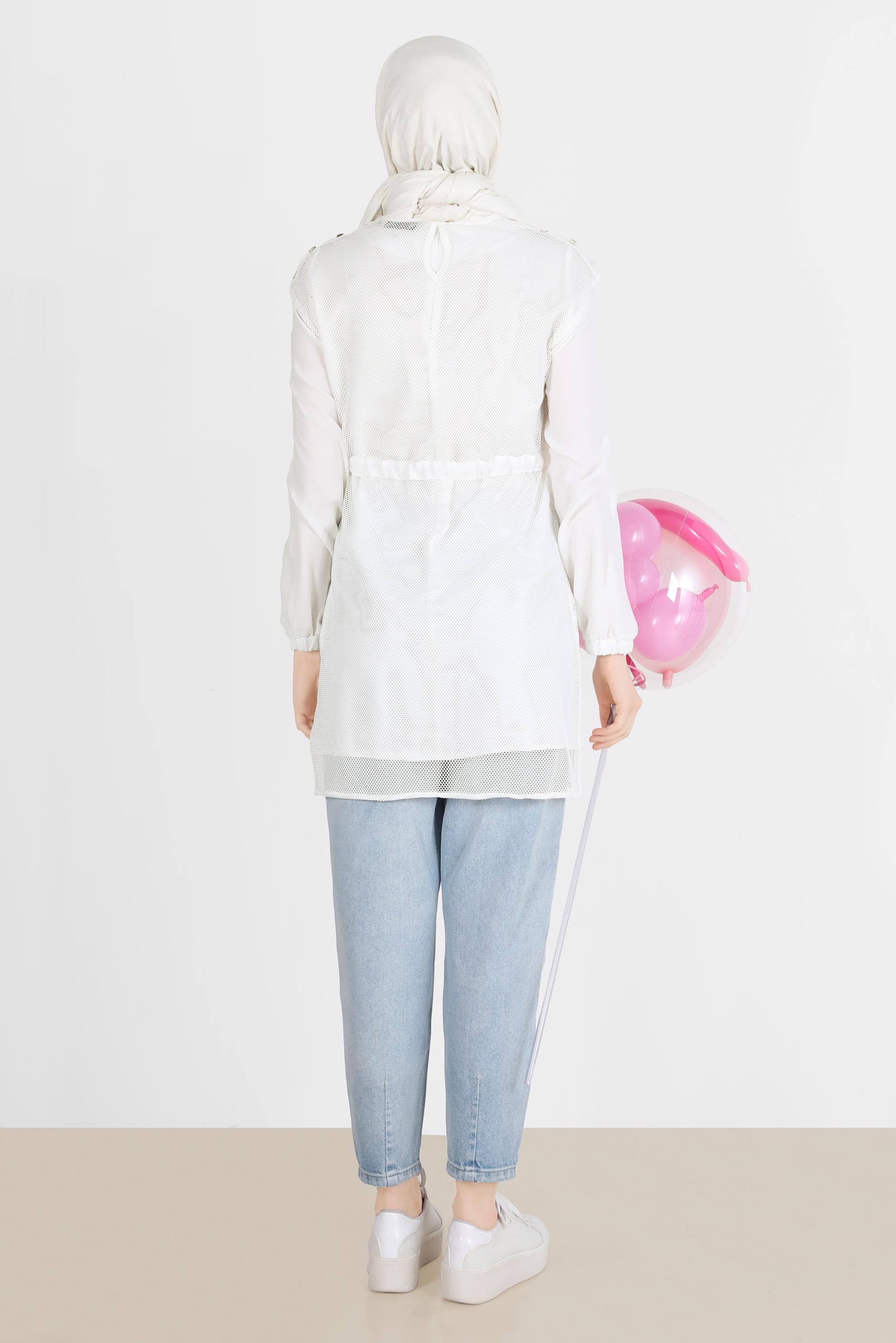 Tesettür giyim BEYAZ FİLE DETAYLI BELİ BÜZGÜLÜ İKİLİ TUNİK 41750 