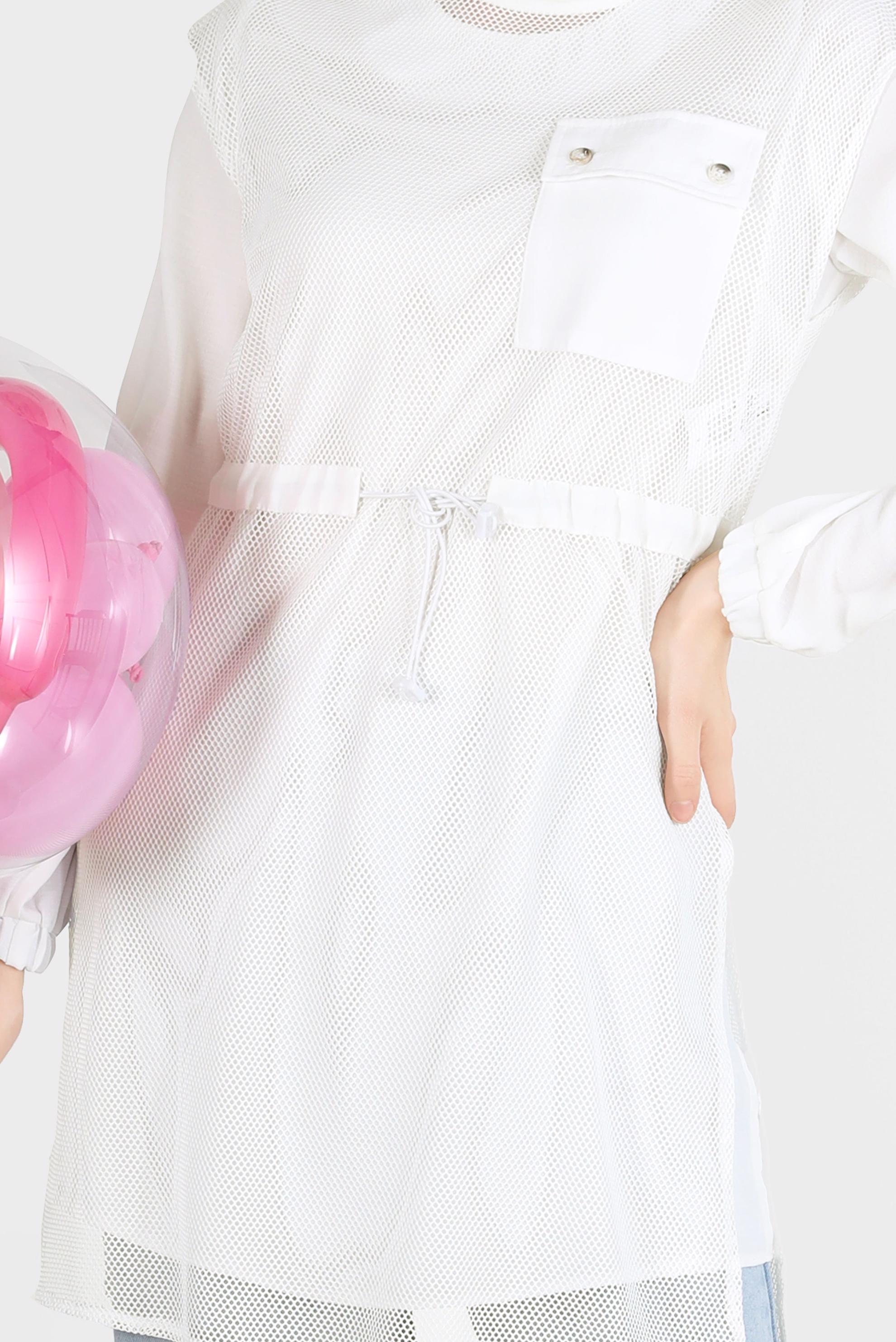 Tesettür giyim BEYAZ FİLE DETAYLI BELİ BÜZGÜLÜ İKİLİ TUNİK 41750 