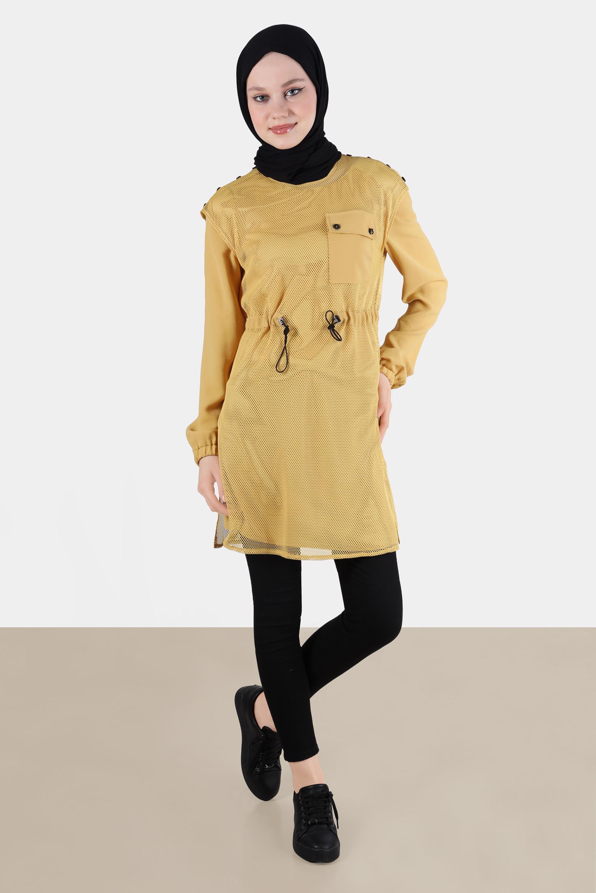 Tesettür giyim SARI FİLE DETAYLI BELİ BÜZGÜLÜ İKİLİ TUNİK 41750 