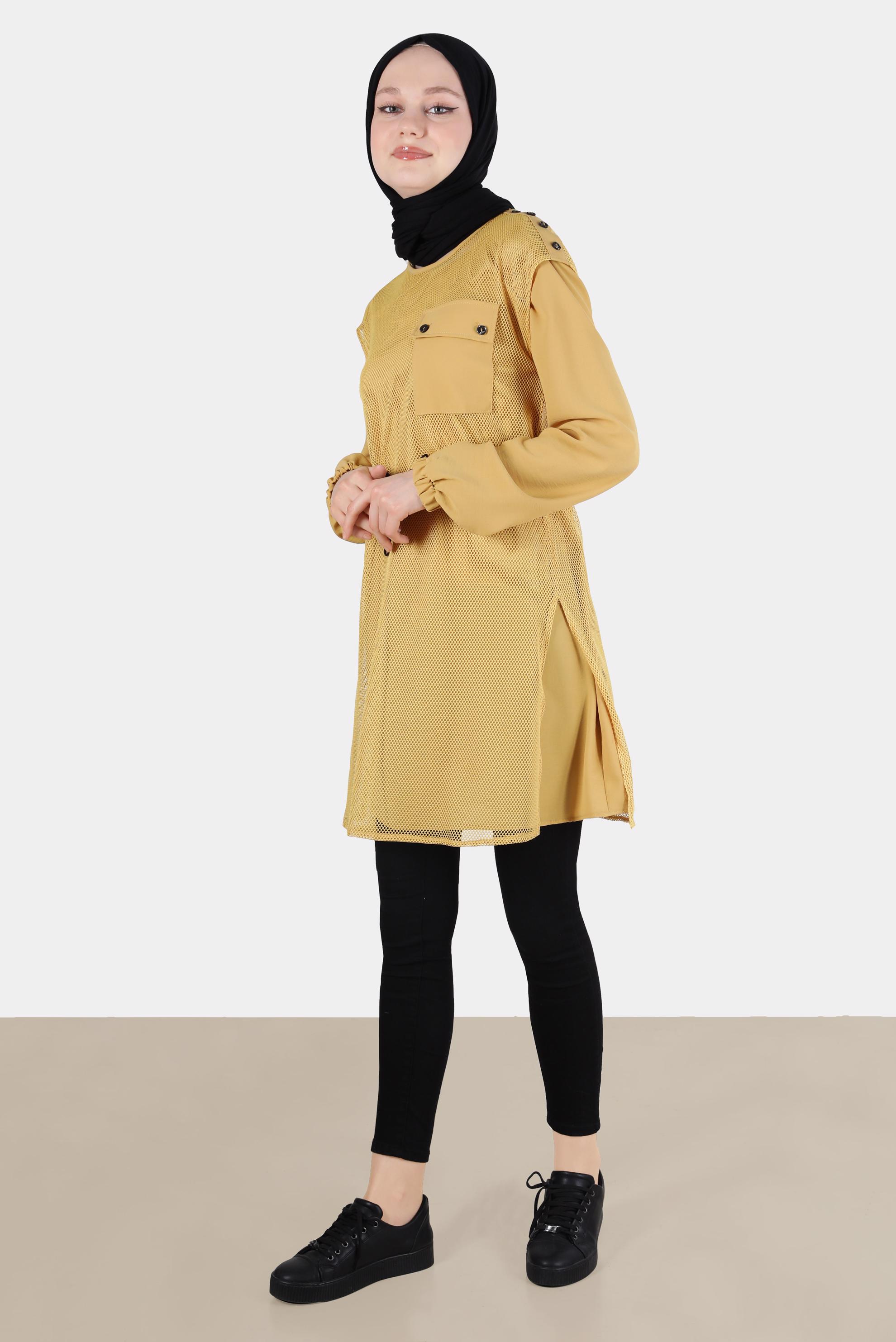 Tesettür giyim SARI FİLE DETAYLI BELİ BÜZGÜLÜ İKİLİ TUNİK 41750 