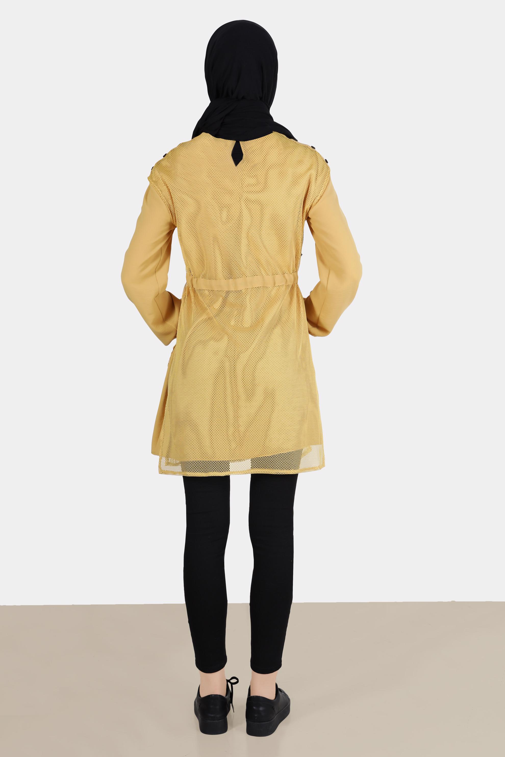 Tesettür giyim SARI FİLE DETAYLI BELİ BÜZGÜLÜ İKİLİ TUNİK 41750 