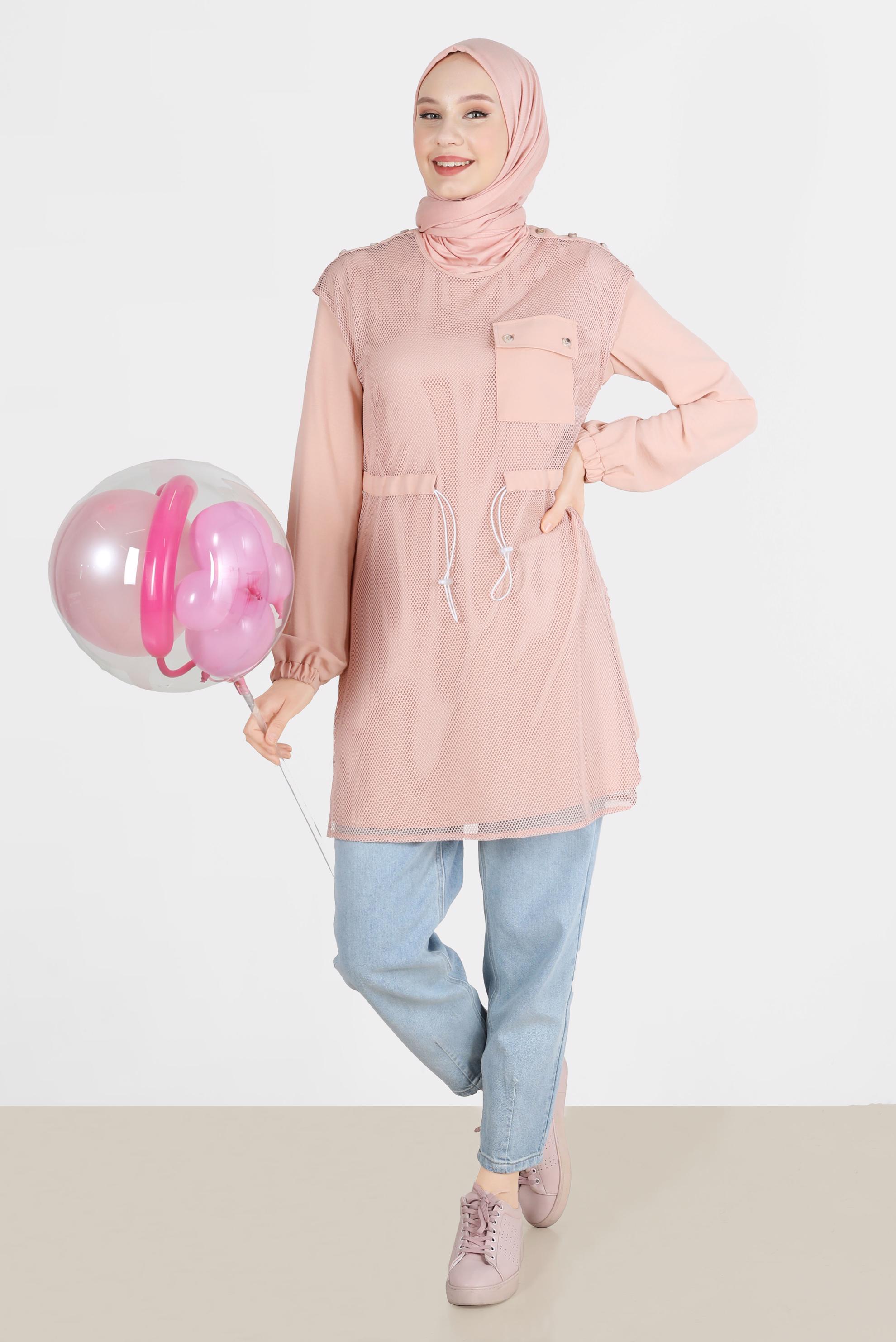 Tesettür giyim PUDRA FİLE DETAYLI BELİ BÜZGÜLÜ İKİLİ TUNİK 41750 