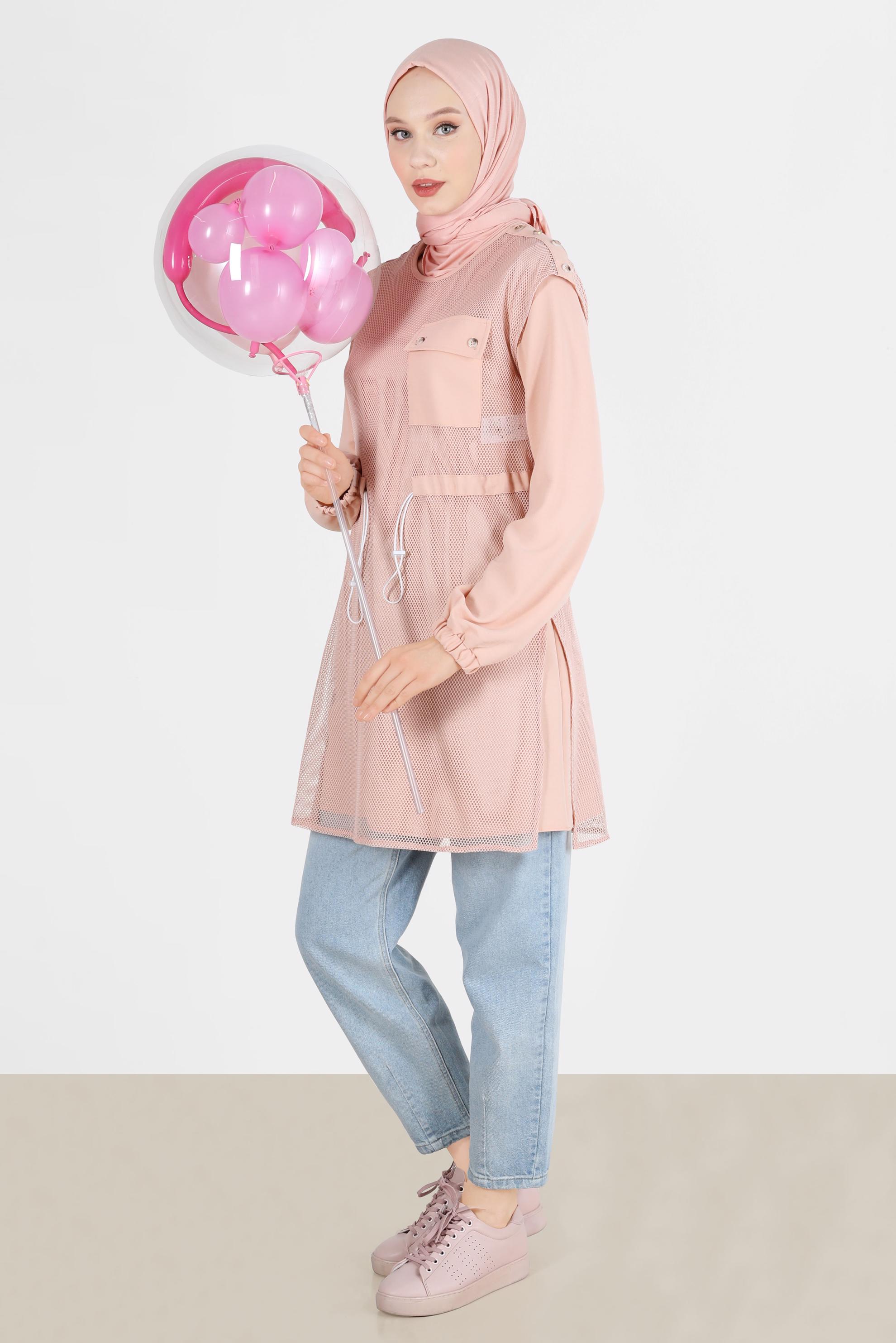 Tesettür giyim PUDRA FİLE DETAYLI BELİ BÜZGÜLÜ İKİLİ TUNİK 41750 