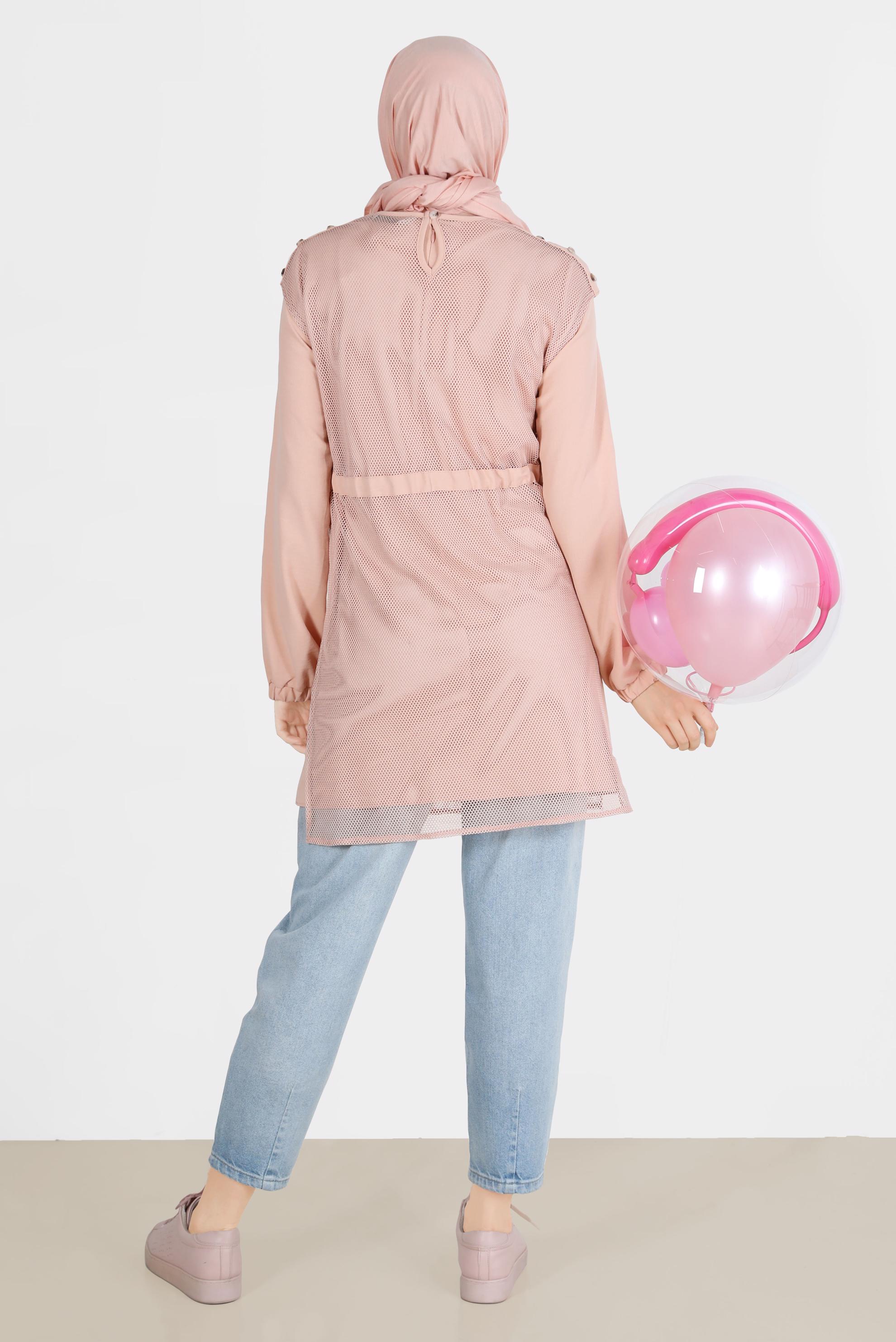 Tesettür giyim PUDRA FİLE DETAYLI BELİ BÜZGÜLÜ İKİLİ TUNİK 41750 