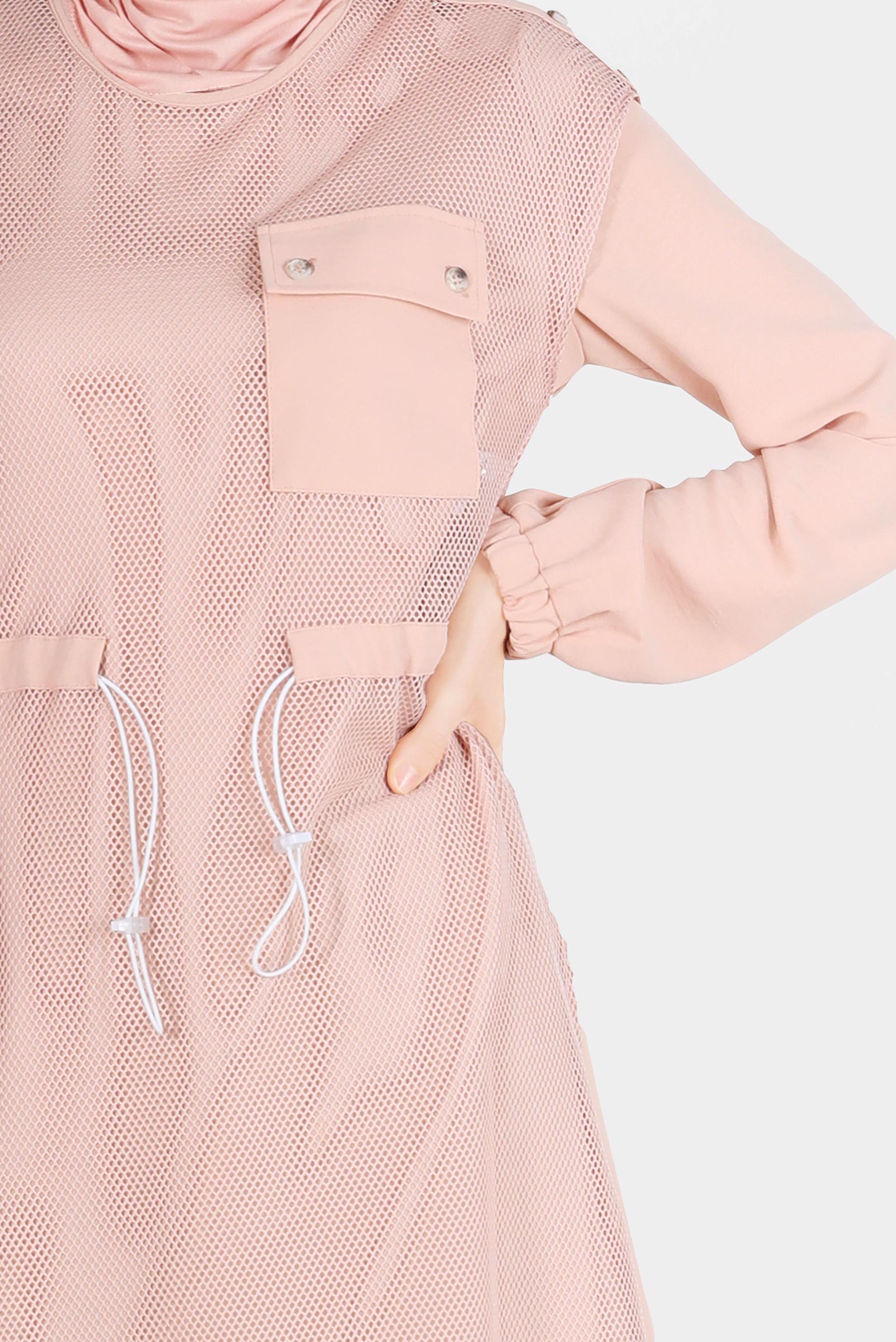 Tesettür giyim PUDRA FİLE DETAYLI BELİ BÜZGÜLÜ İKİLİ TUNİK 41750 