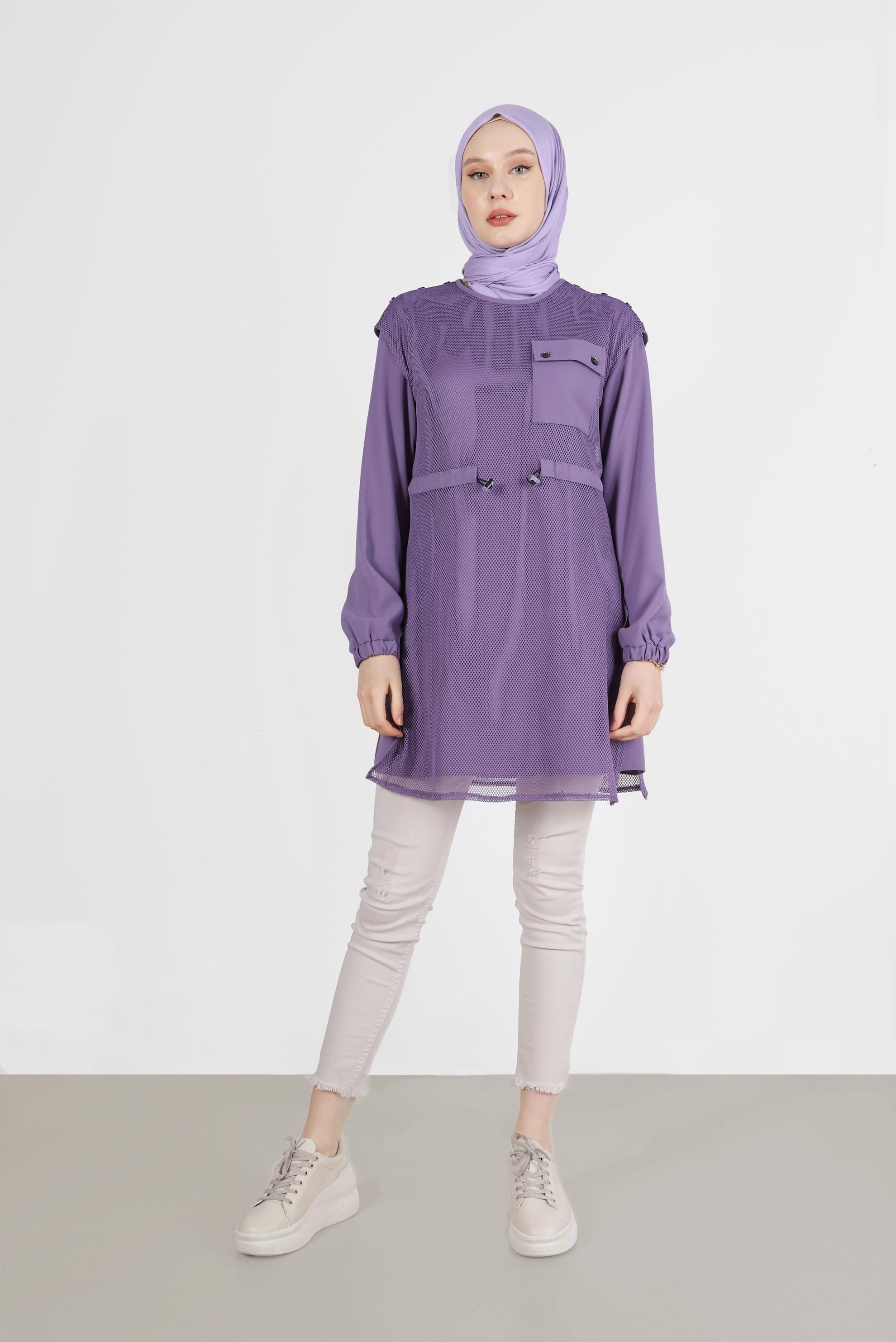 Tesettür giyim MOR FİLE DETAYLI BELİ BÜZGÜLÜ İKİLİ TUNİK 41750 
