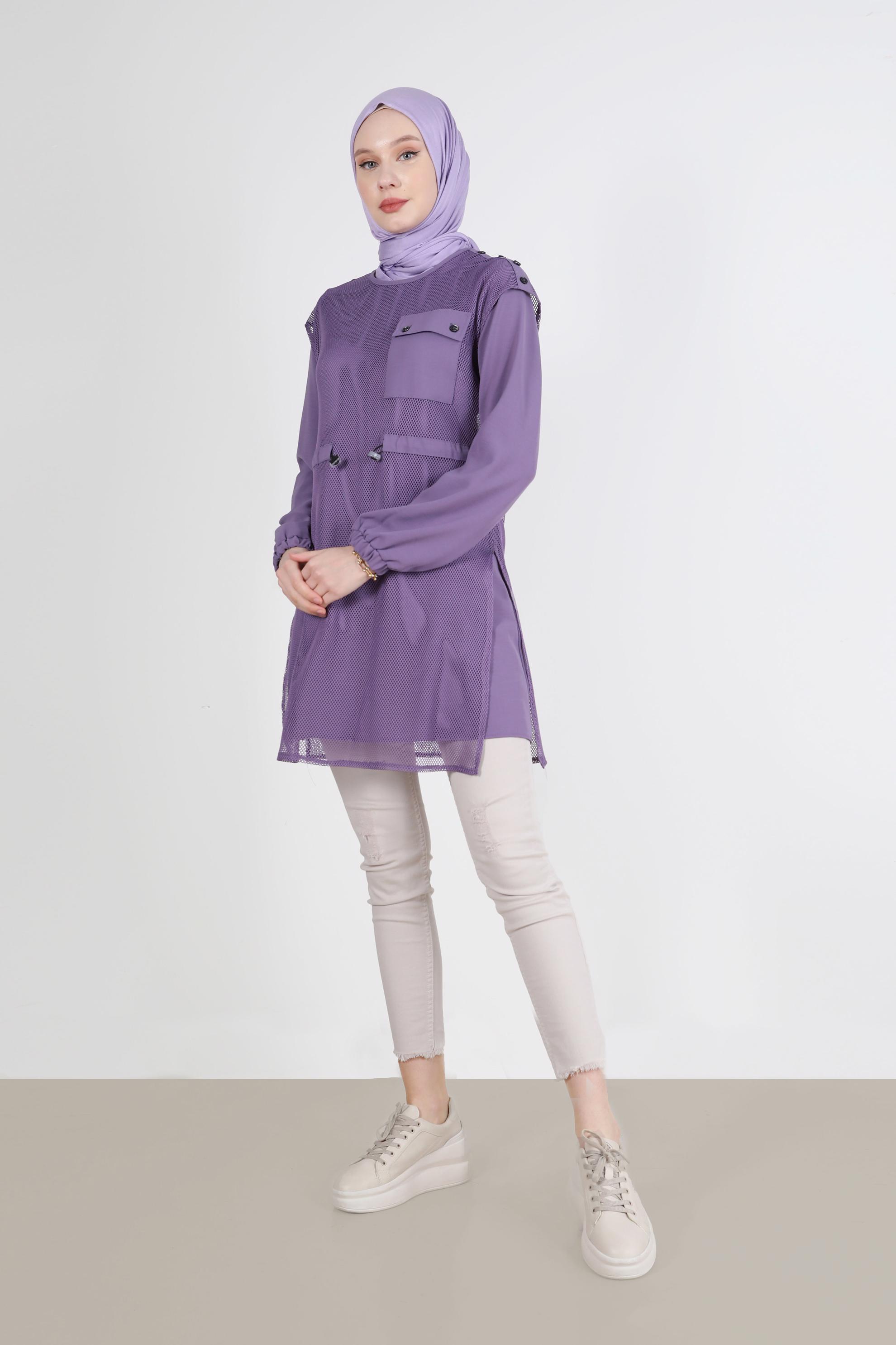 Tesettür giyim MOR FİLE DETAYLI BELİ BÜZGÜLÜ İKİLİ TUNİK 41750 