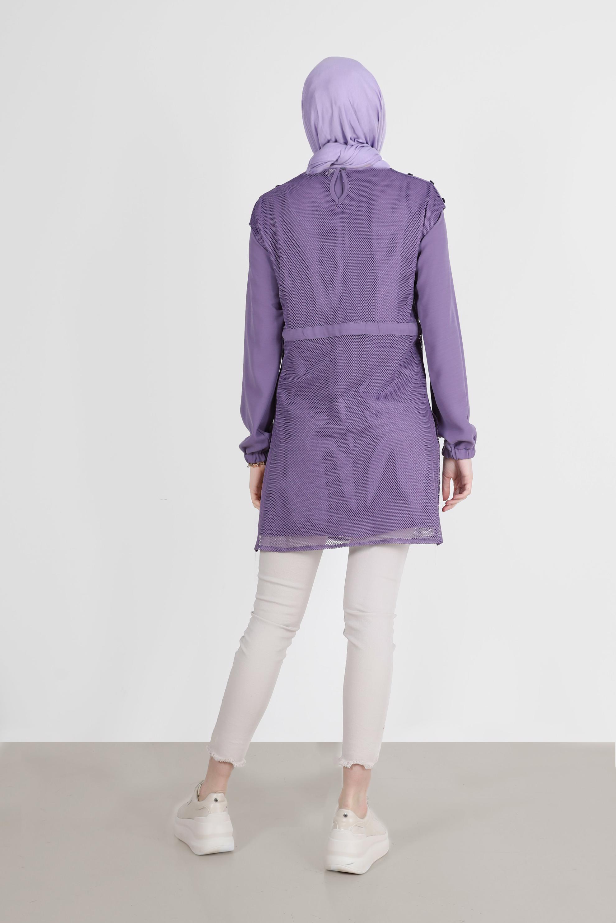 Tesettür giyim MOR FİLE DETAYLI BELİ BÜZGÜLÜ İKİLİ TUNİK 41750 