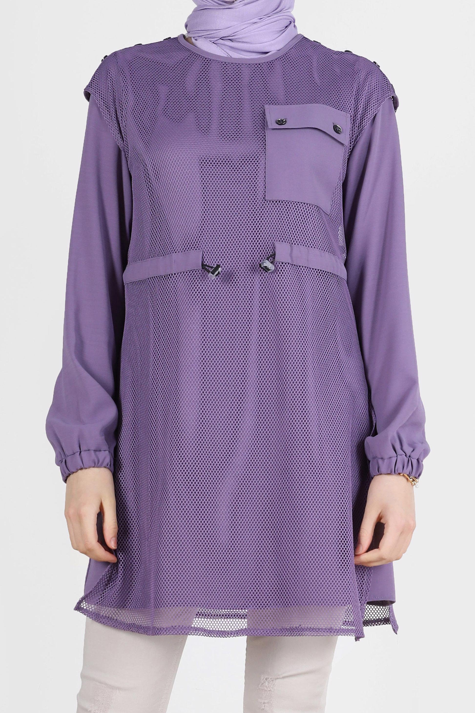 Tesettür giyim MOR FİLE DETAYLI BELİ BÜZGÜLÜ İKİLİ TUNİK 41750 