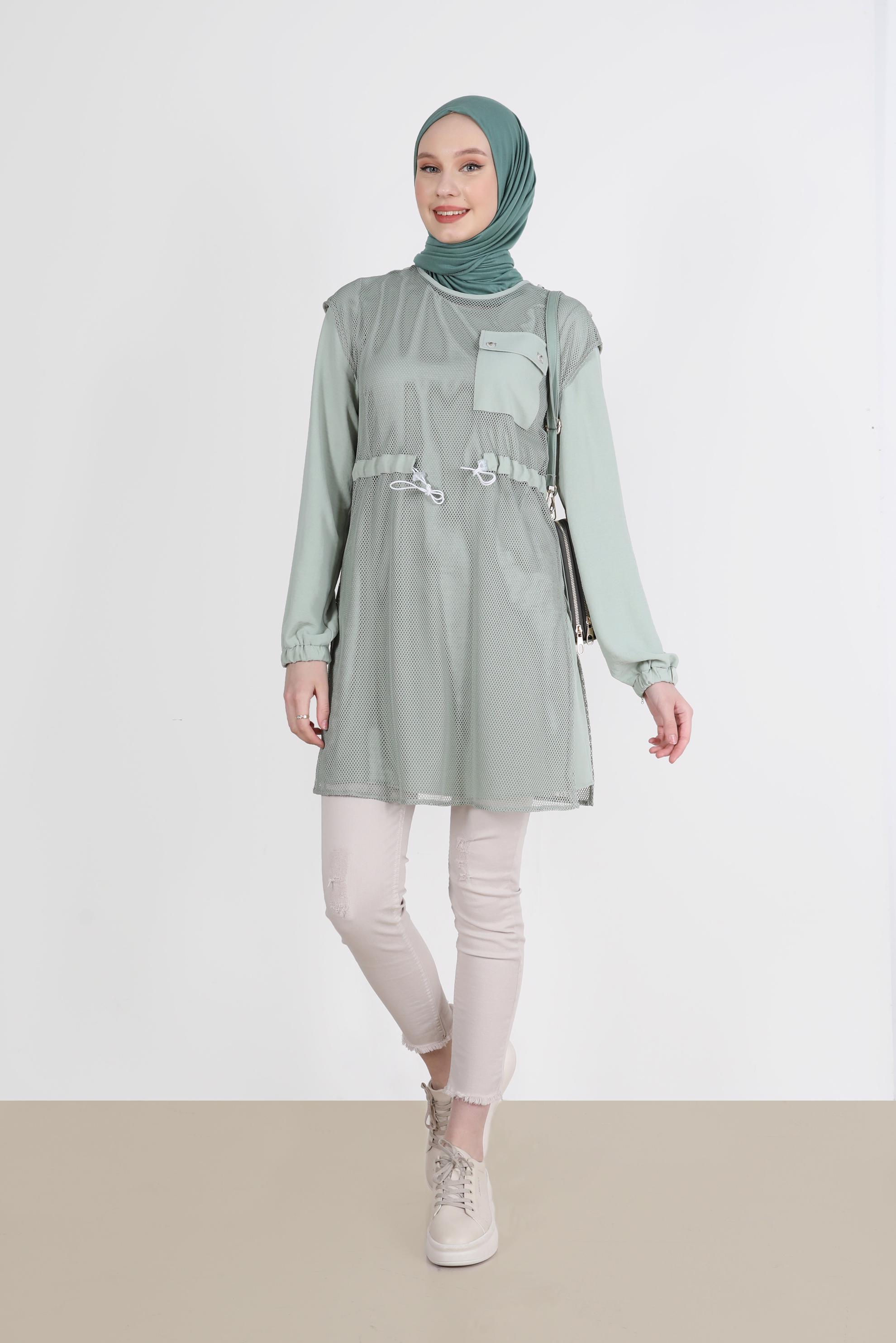 Tesettür giyim YEŞİL FİLE DETAYLI BELİ BÜZGÜLÜ İKİLİ TUNİK 41750 