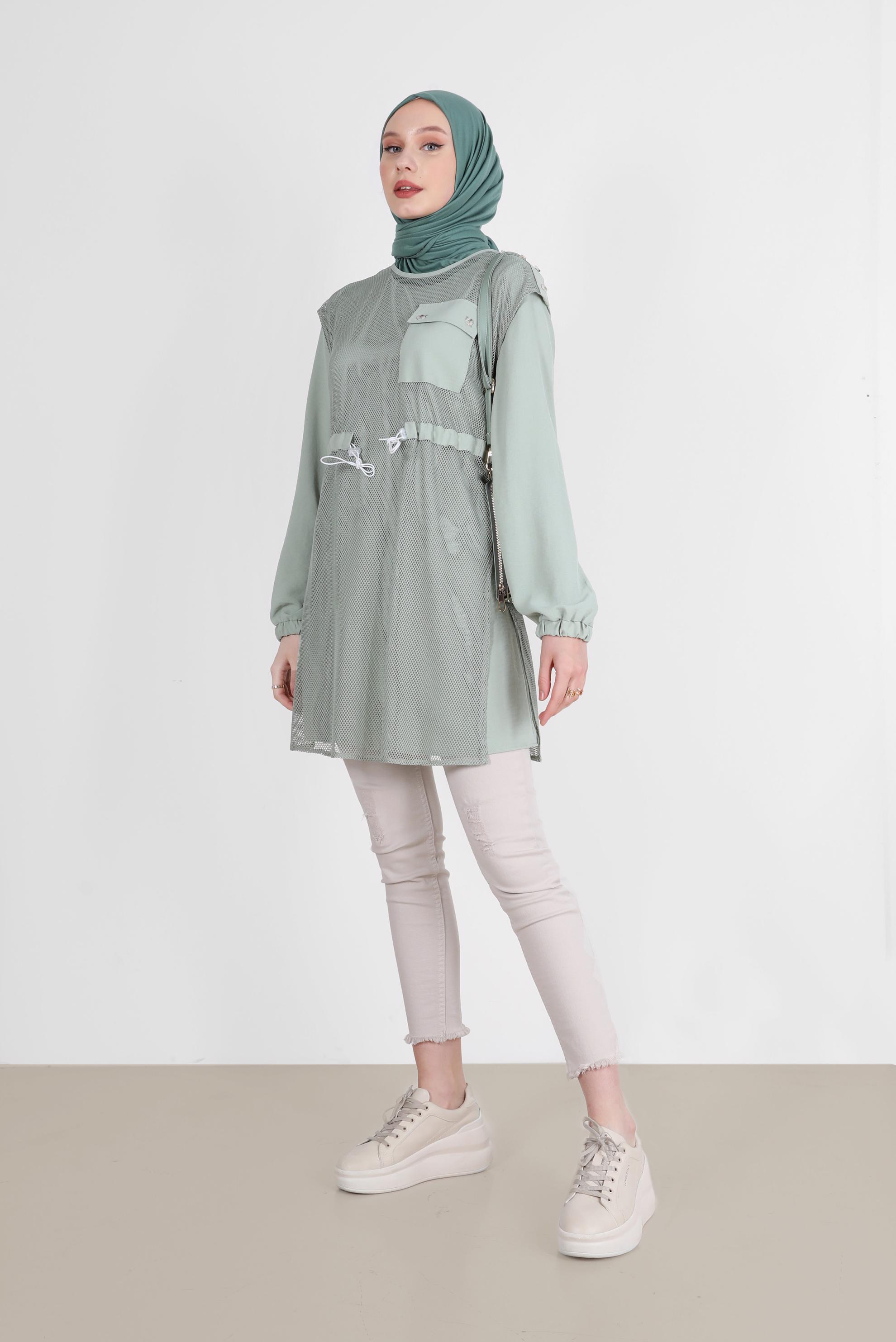 Tesettür giyim YEŞİL FİLE DETAYLI BELİ BÜZGÜLÜ İKİLİ TUNİK 41750 