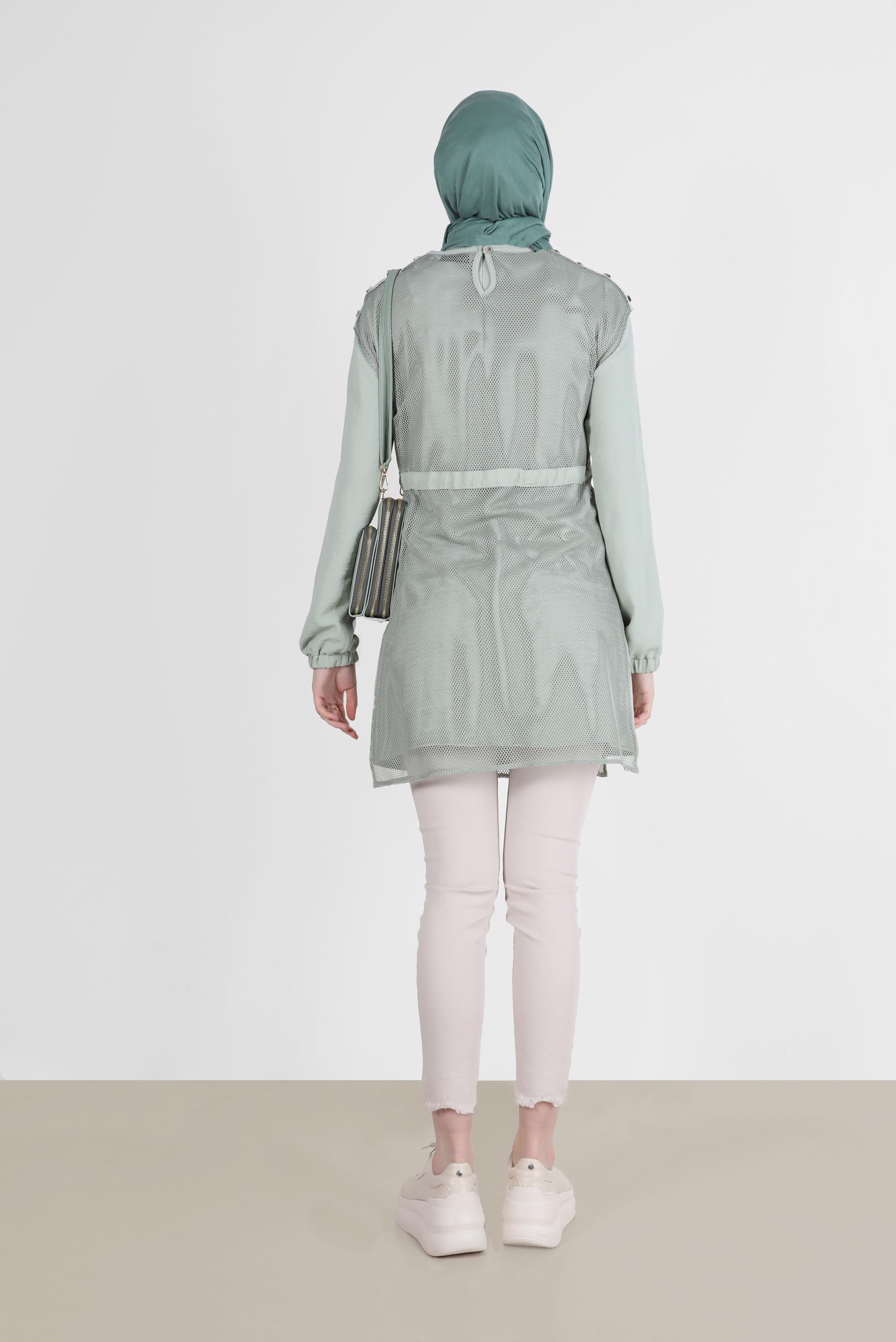 Tesettür giyim YEŞİL FİLE DETAYLI BELİ BÜZGÜLÜ İKİLİ TUNİK 41750 