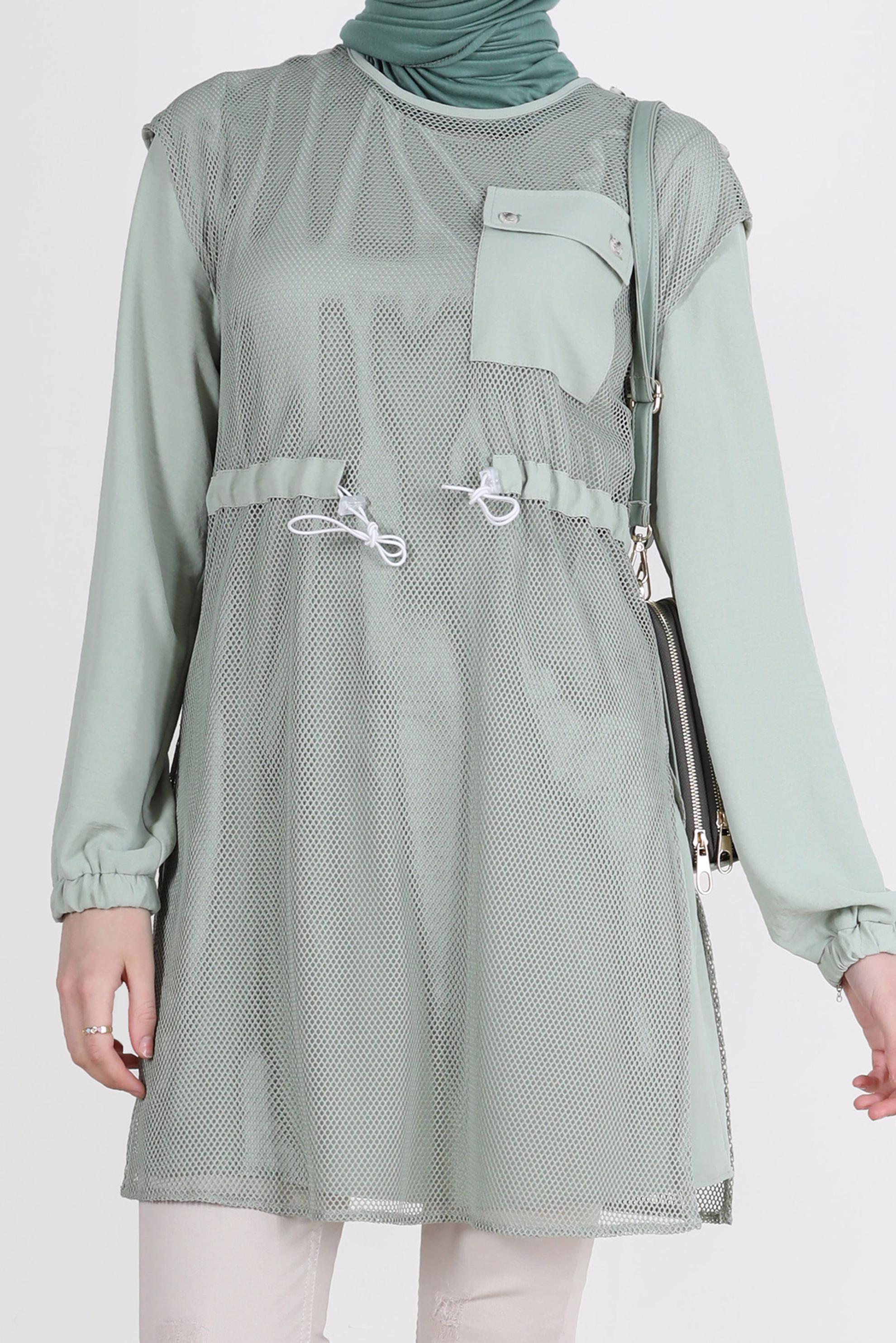 Tesettür giyim YEŞİL FİLE DETAYLI BELİ BÜZGÜLÜ İKİLİ TUNİK 41750 