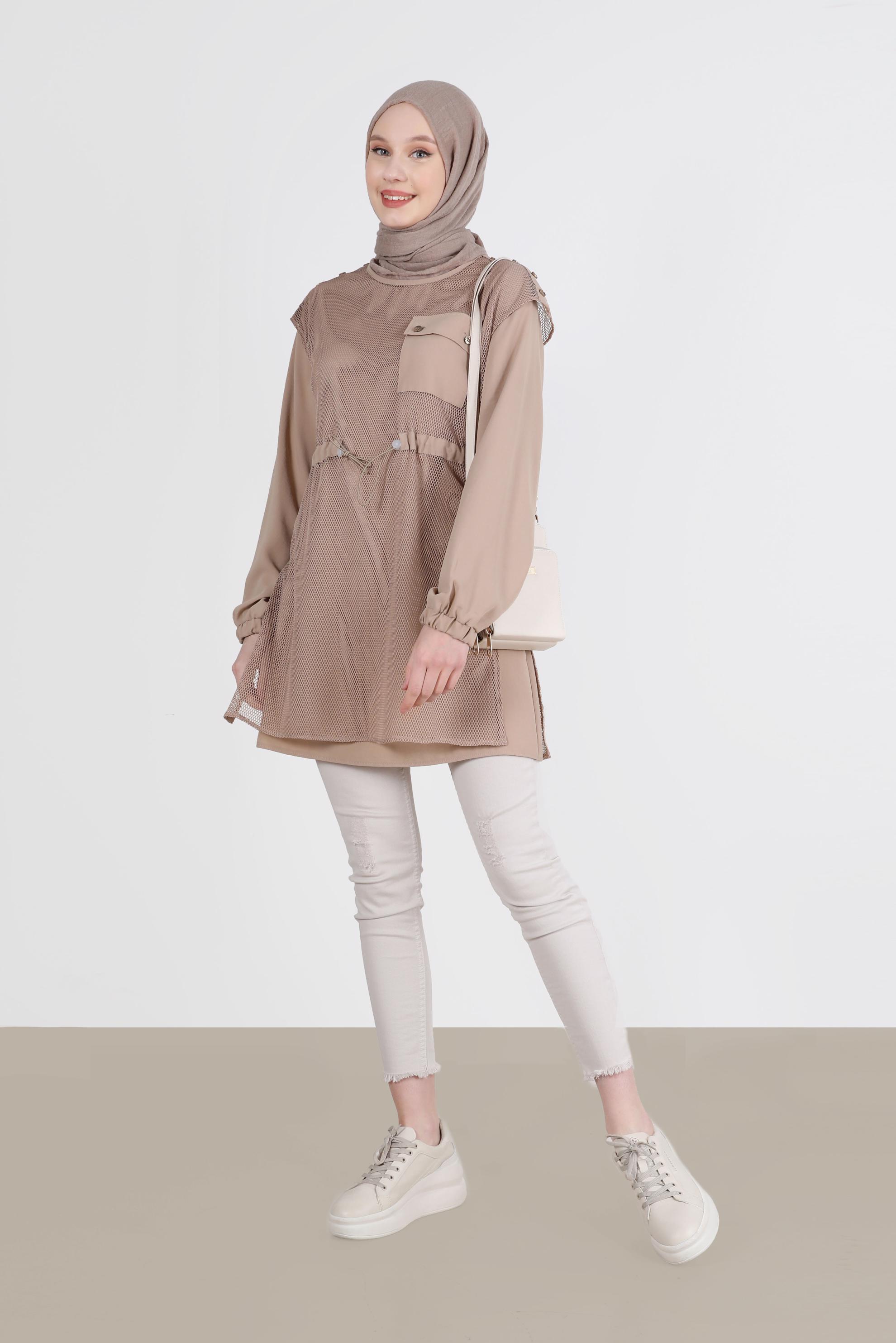 Tesettür giyim VİZON FİLE DETAYLI BELİ BÜZGÜLÜ İKİLİ TUNİK 41750 