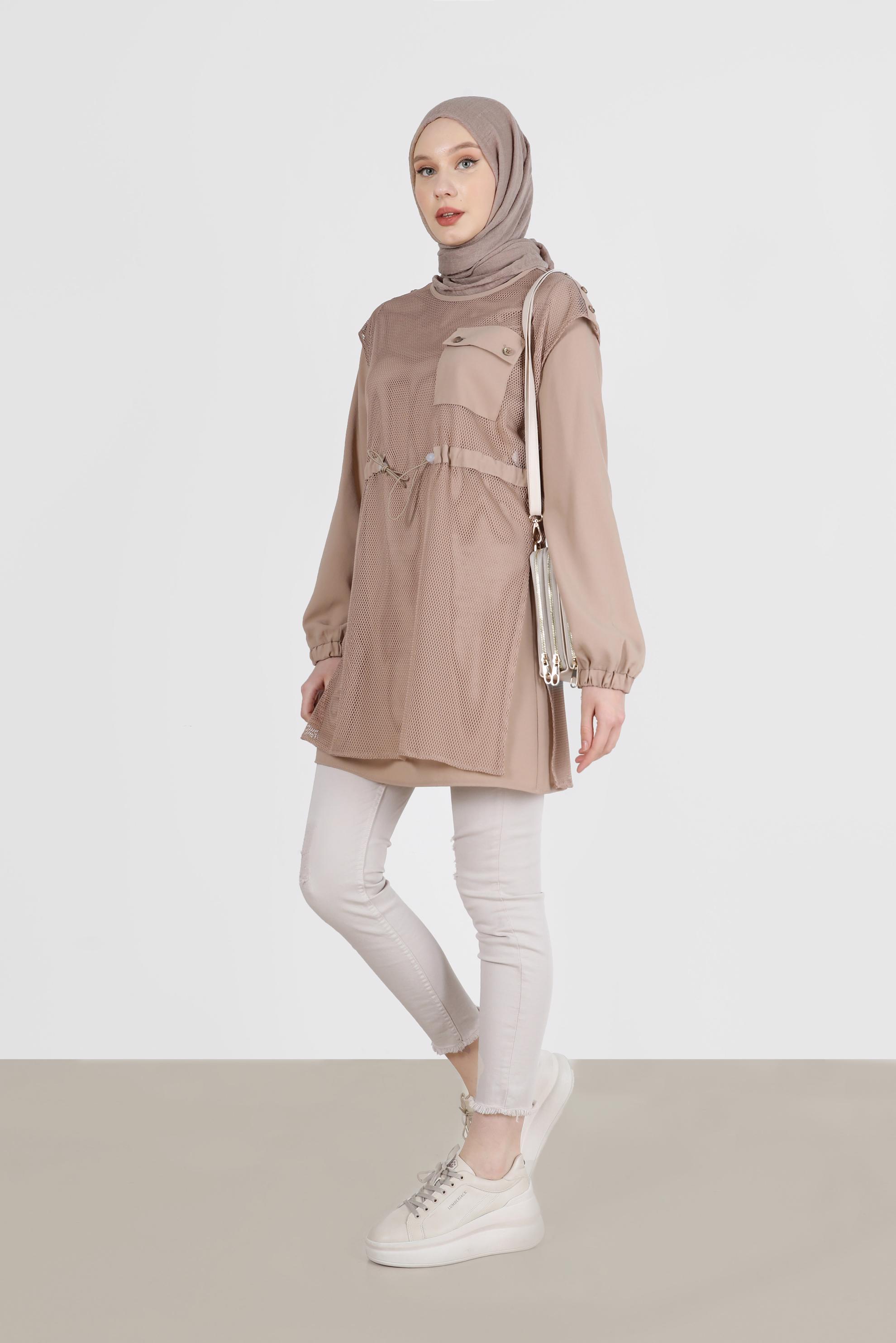 Tesettür giyim VİZON FİLE DETAYLI BELİ BÜZGÜLÜ İKİLİ TUNİK 41750 