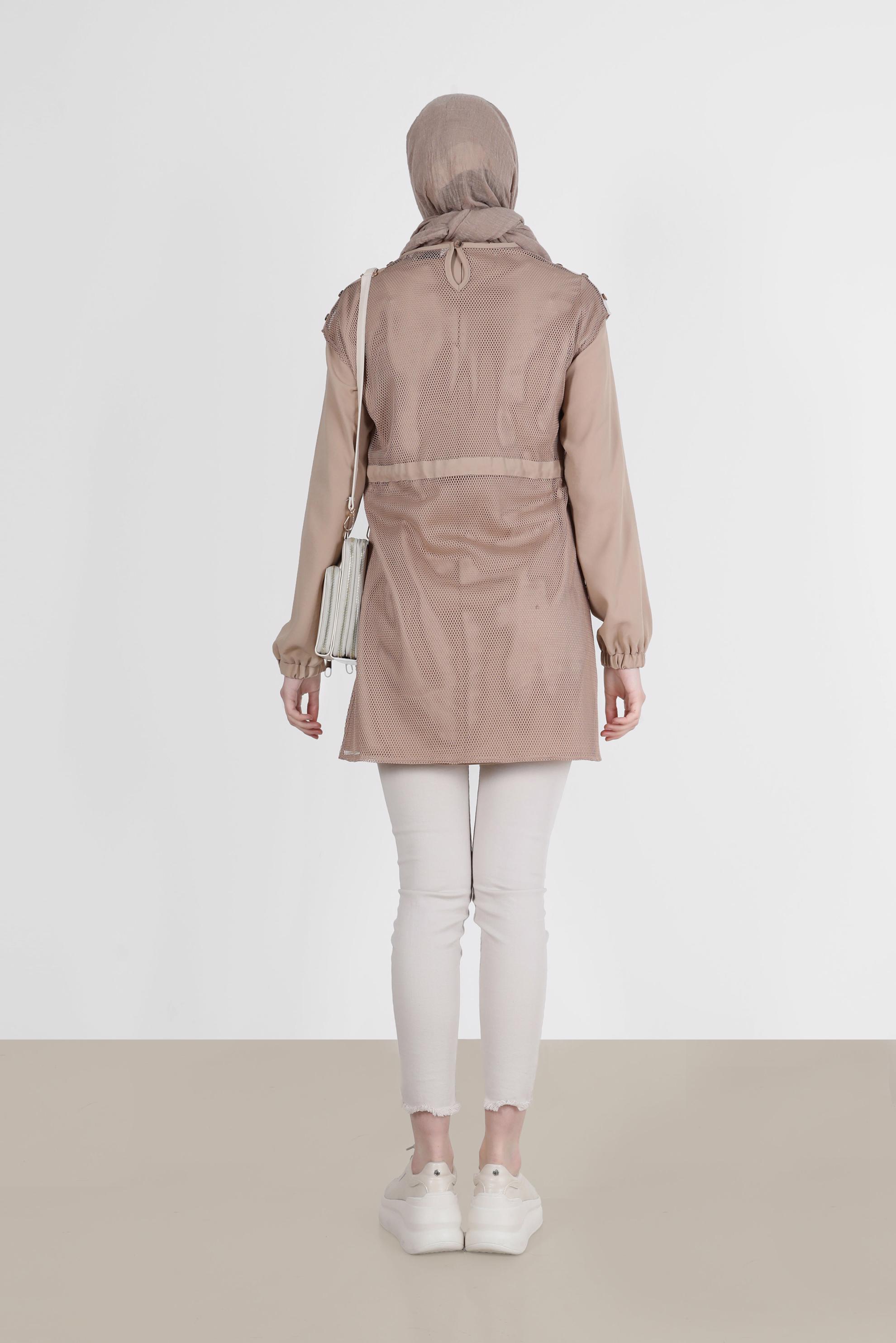 Tesettür giyim VİZON FİLE DETAYLI BELİ BÜZGÜLÜ İKİLİ TUNİK 41750 