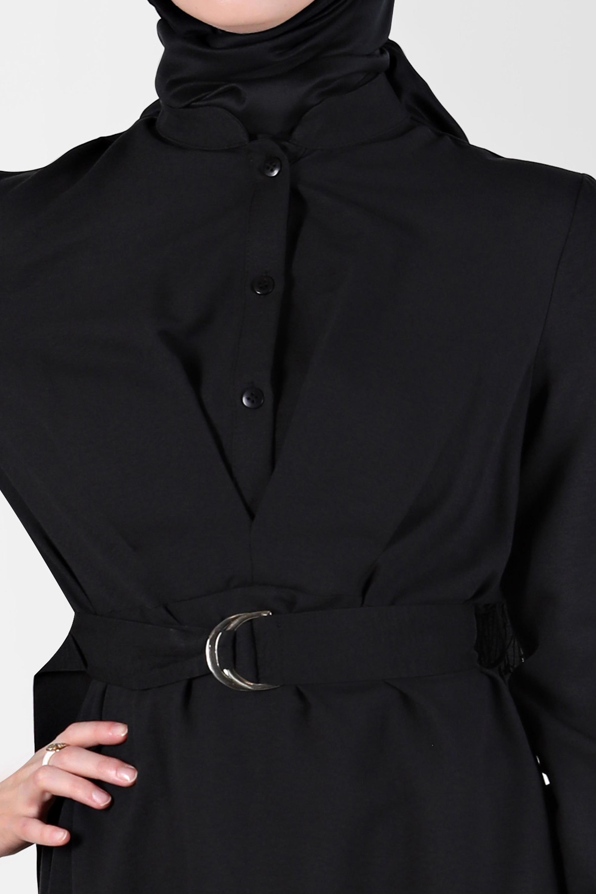 Tesettür giyim SİYAH KUŞAKLI DÜĞMELİ TUNİK 41752 