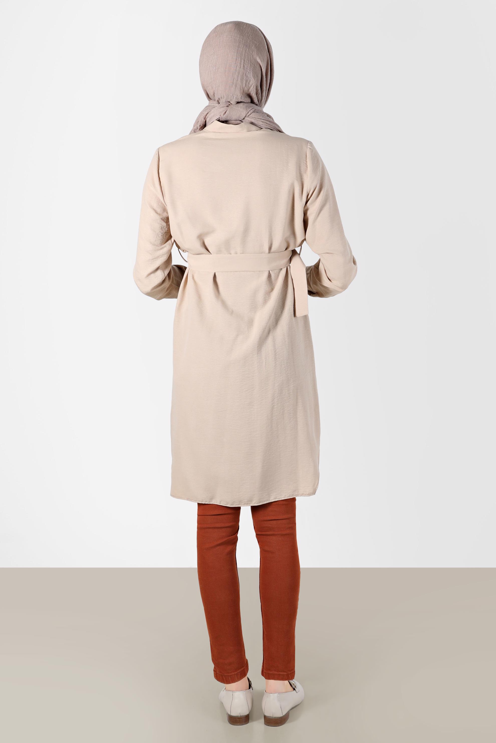 Tesettür giyim BEJ KUŞAKLI DÜĞMELİ TUNİK 41752 