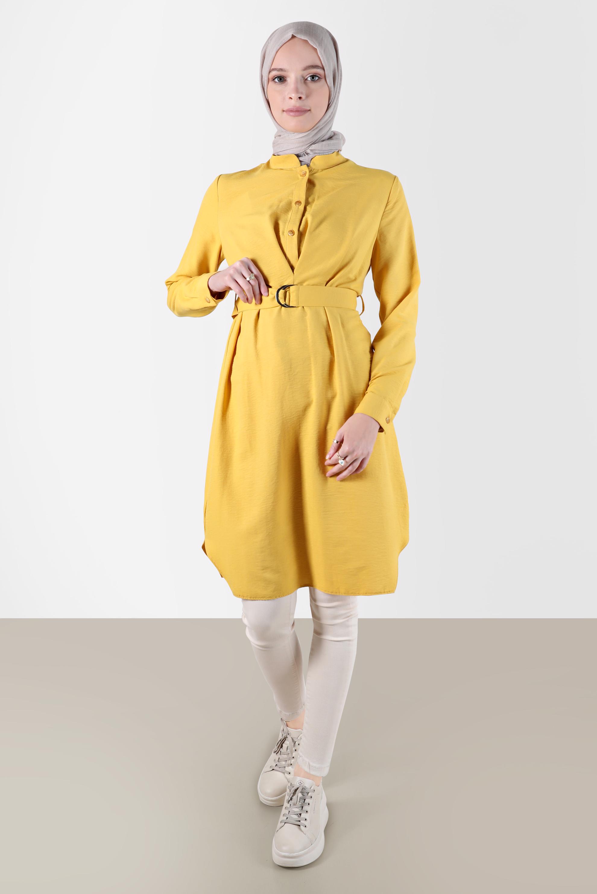 Tesettür giyim SARI KUŞAKLI DÜĞMELİ TUNİK 41752 