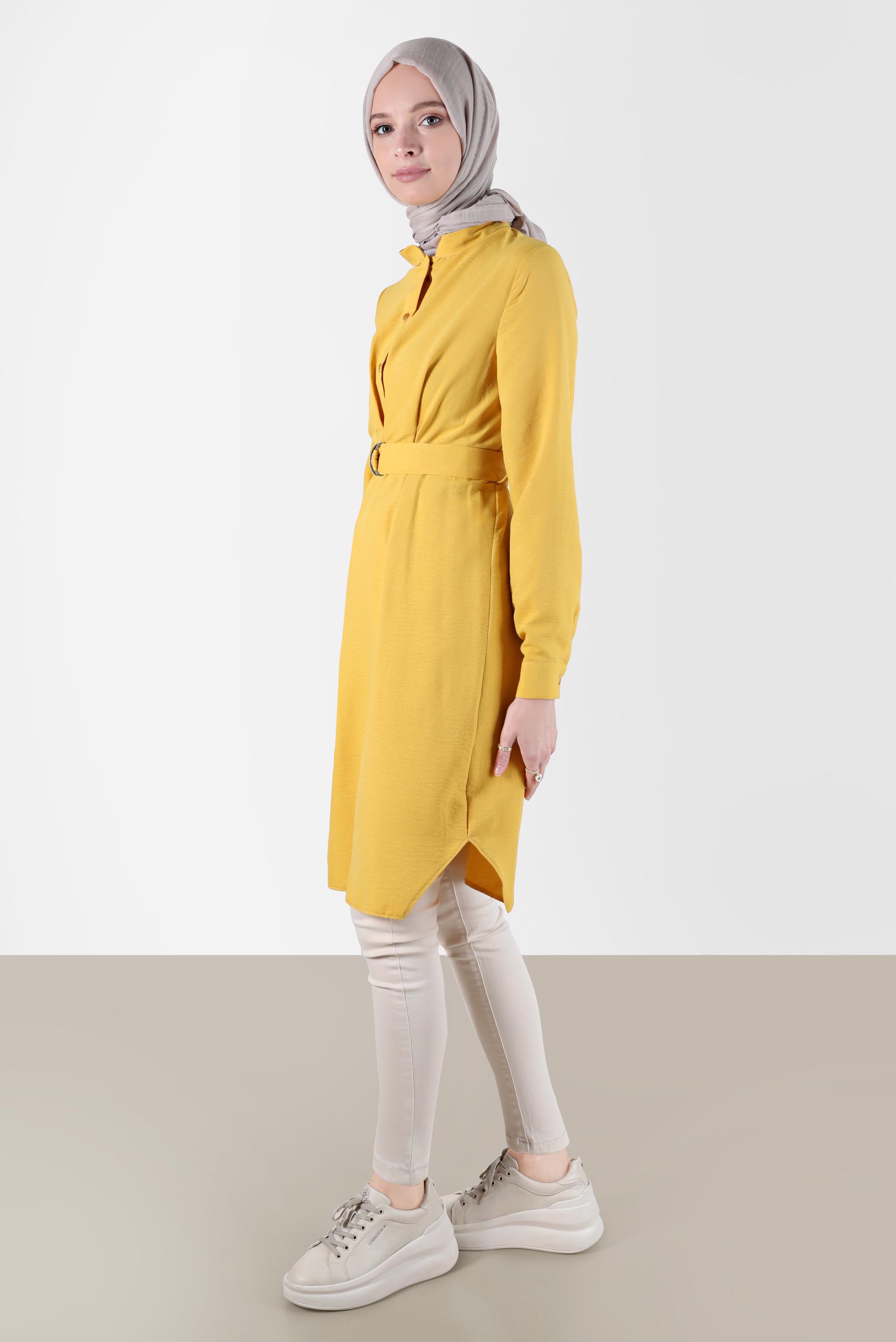 Tesettür giyim SARI KUŞAKLI DÜĞMELİ TUNİK 41752 