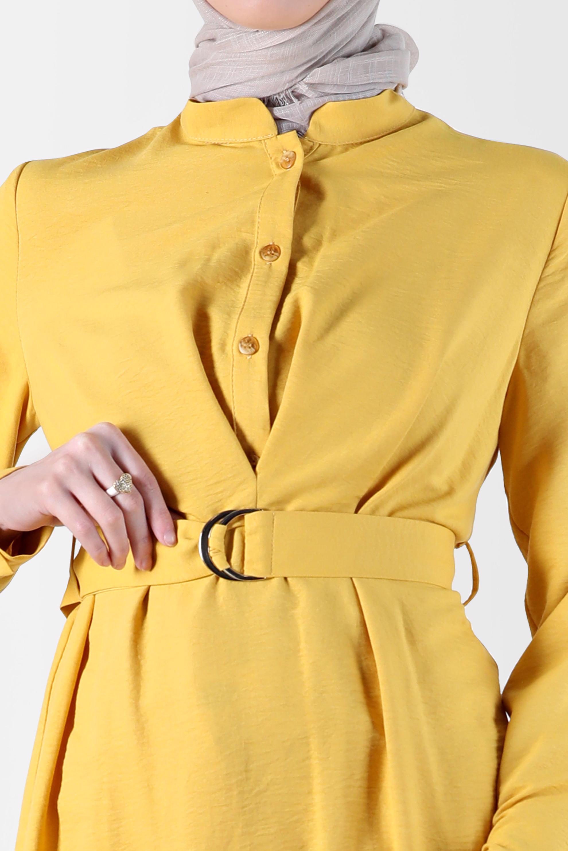 Tesettür giyim SARI KUŞAKLI DÜĞMELİ TUNİK 41752 