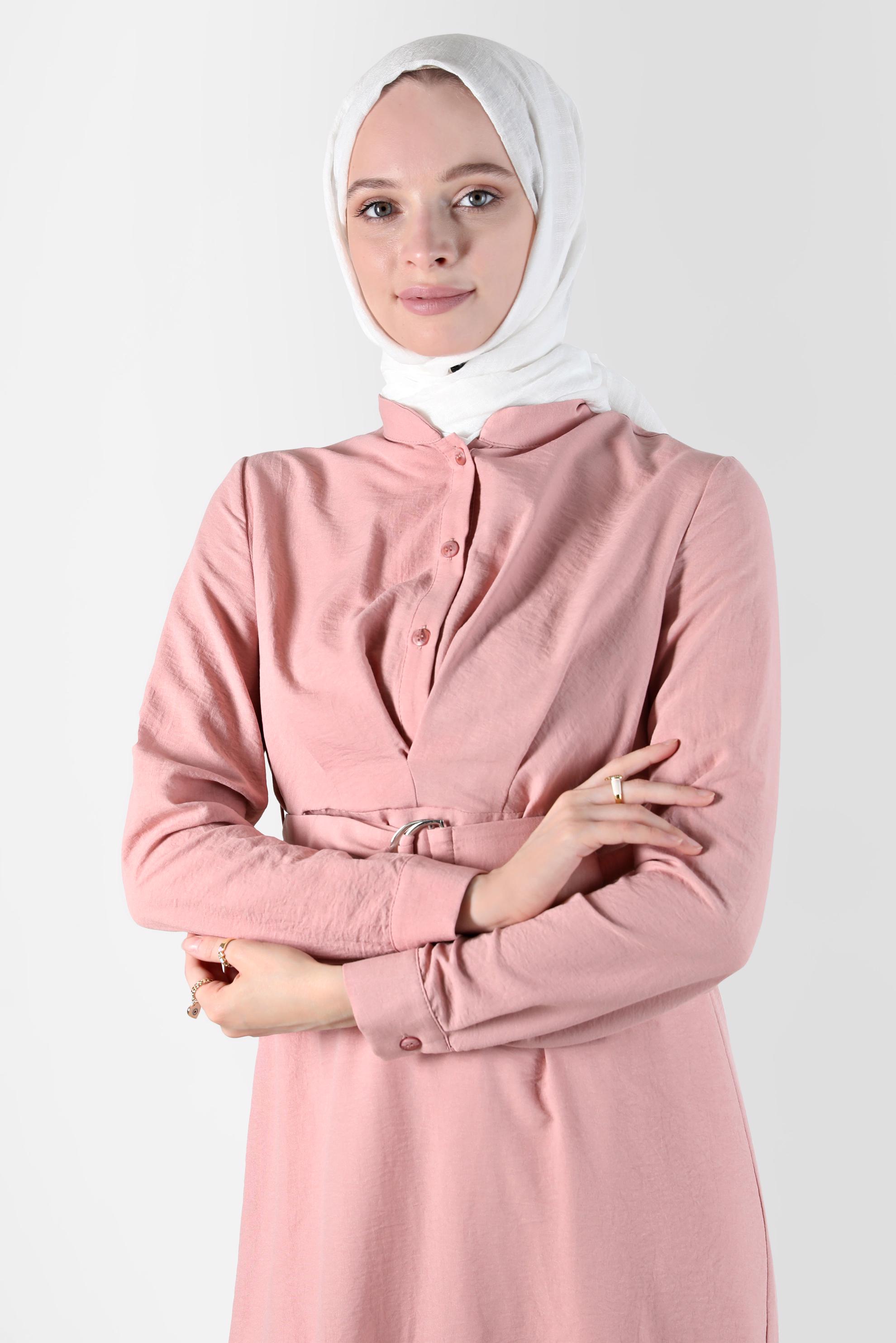 Tesettür giyim PUDRA KUŞAKLI DÜĞMELİ TUNİK 41752 