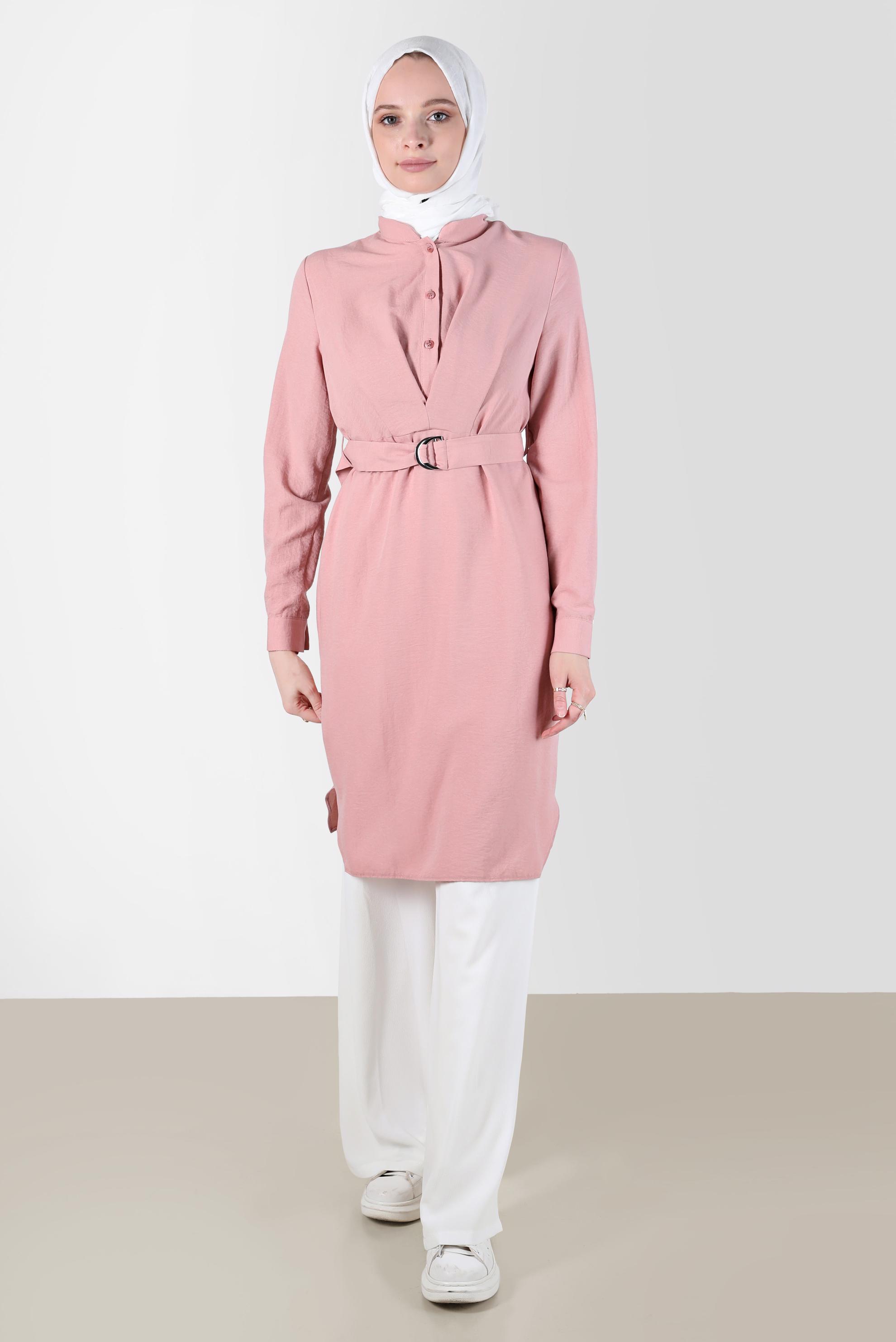 Tesettür giyim PUDRA KUŞAKLI DÜĞMELİ TUNİK 41752 