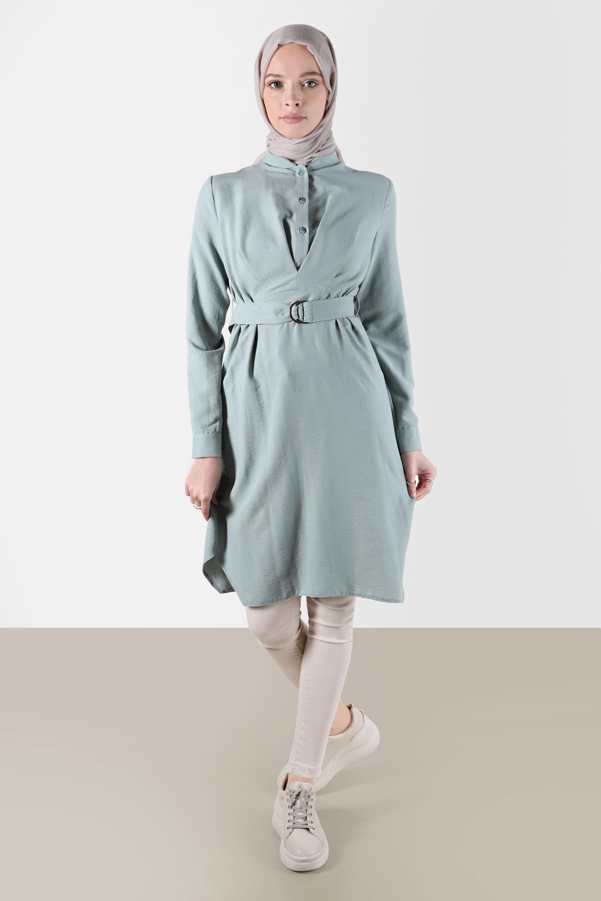 Tesettür giyim MAVİ KUŞAKLI DÜĞMELİ TUNİK 41752 