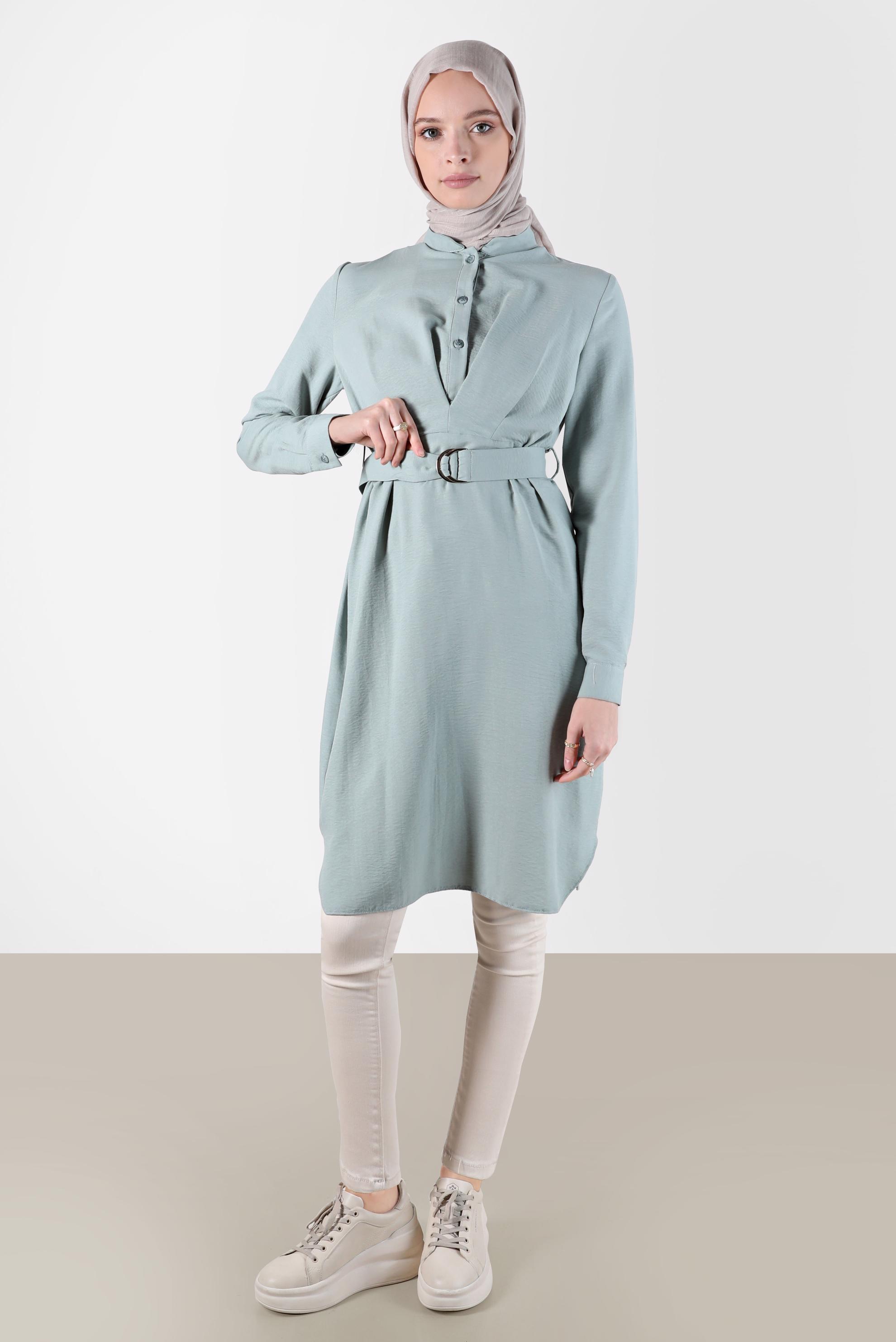 Tesettür giyim MAVİ KUŞAKLI DÜĞMELİ TUNİK 41752 