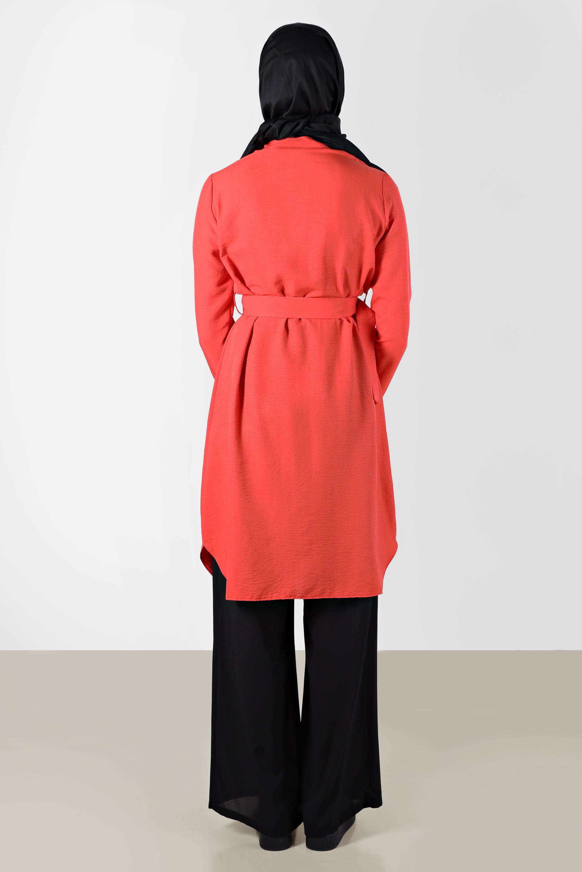 Tesettür giyim KIRMIZI KUŞAKLI DÜĞMELİ TUNİK 41752 