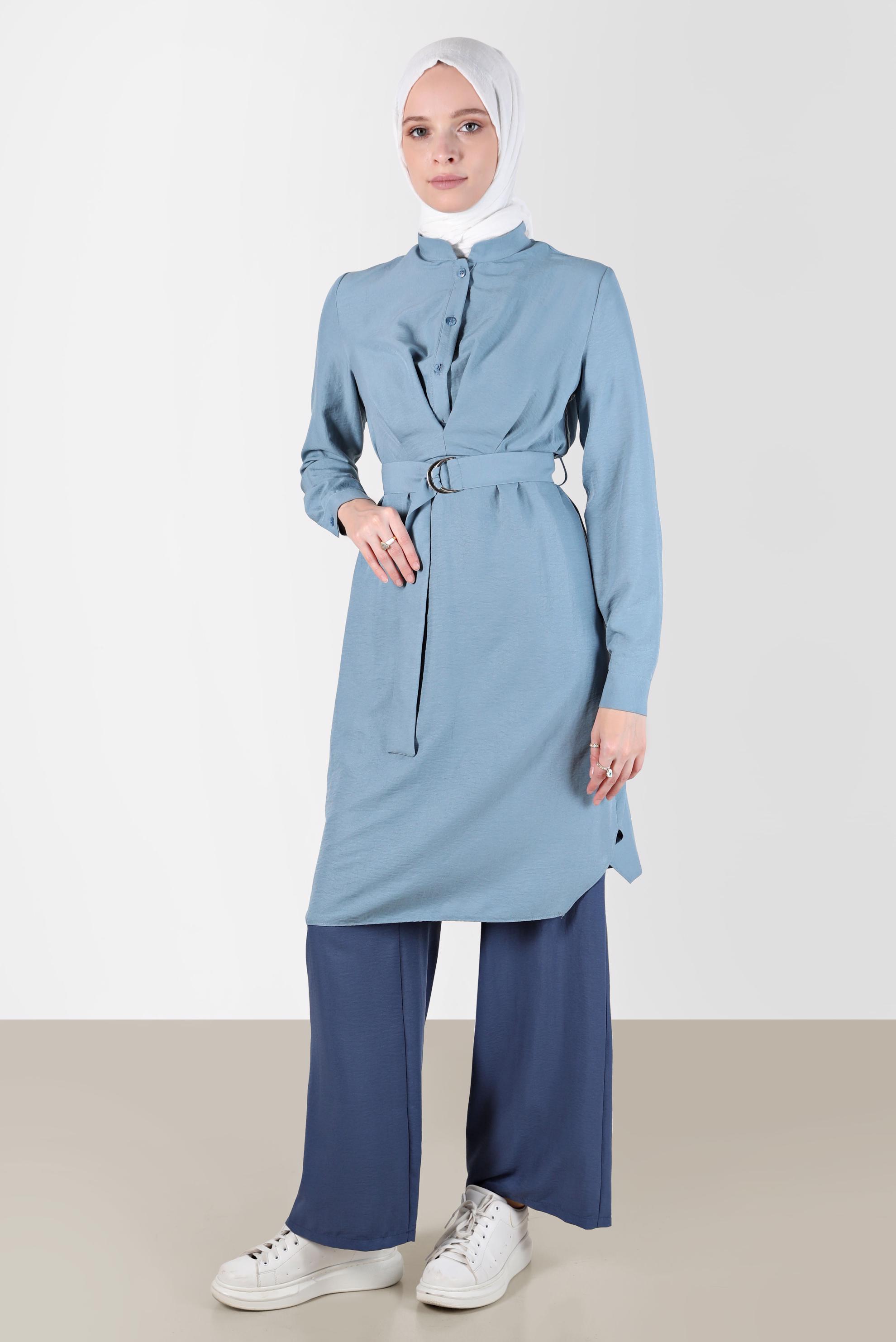 Hijab clothing BLUE BELTED BUTTONED TUNIC 41752 