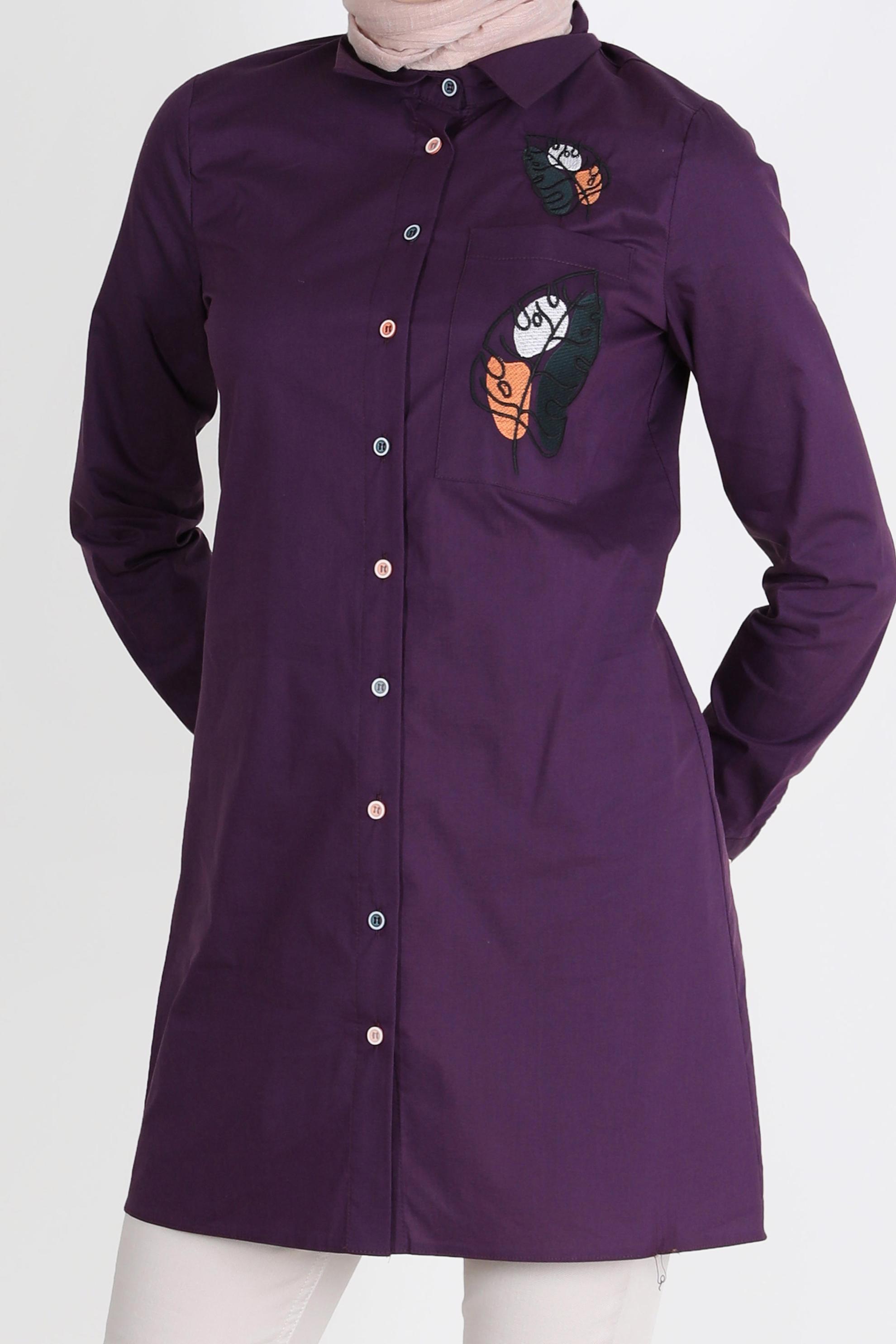 Tesettür giyim MOR NAKIŞ DETAYLI DÜĞMELİ TUNİK 41754 