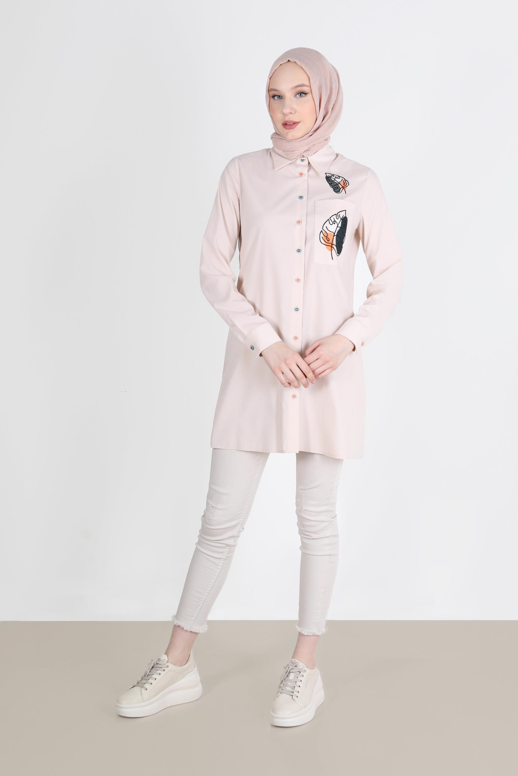 Tesettür giyim BEJ NAKIŞ DETAYLI DÜĞMELİ TUNİK 41754 