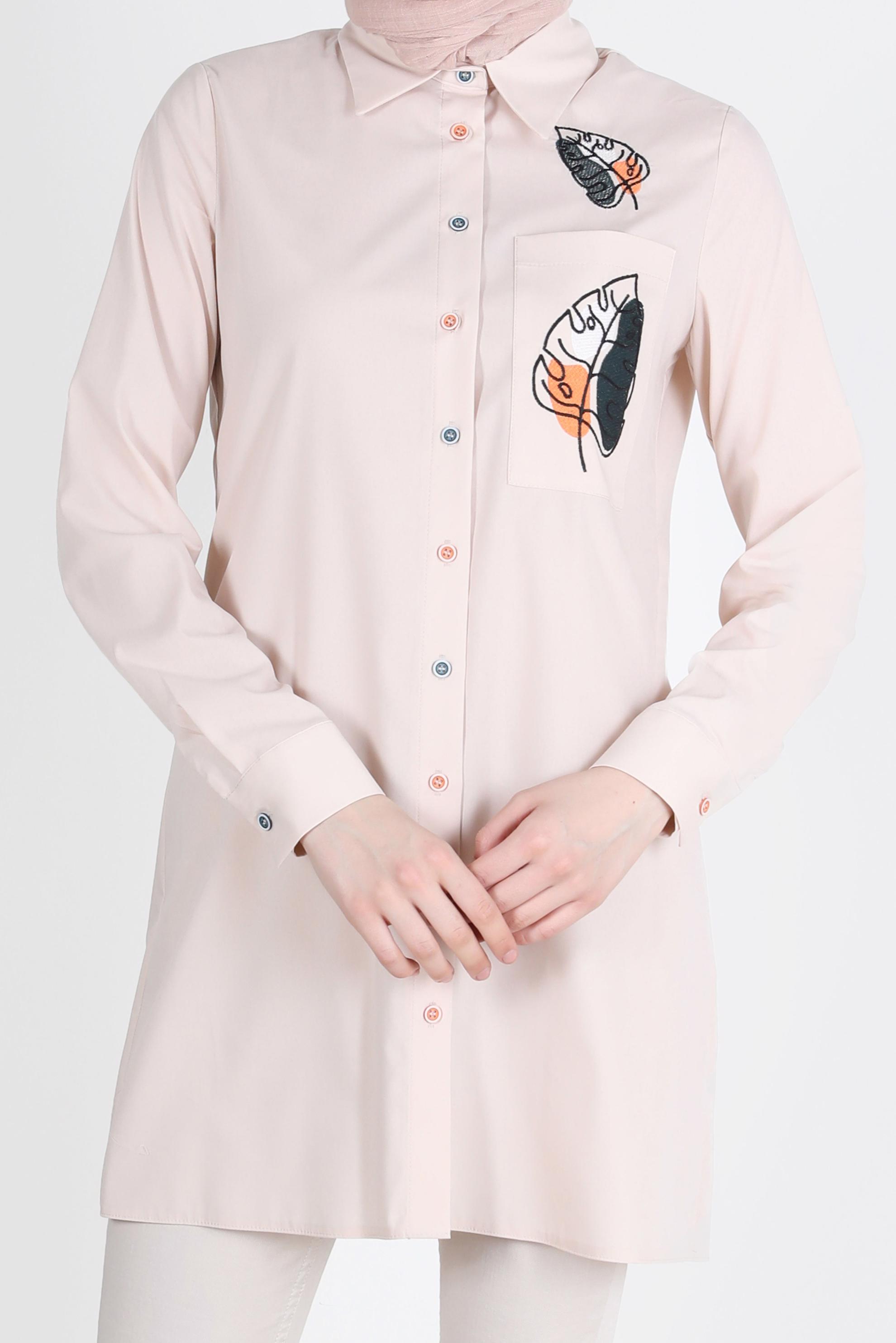 Tesettür giyim BEJ NAKIŞ DETAYLI DÜĞMELİ TUNİK 41754 