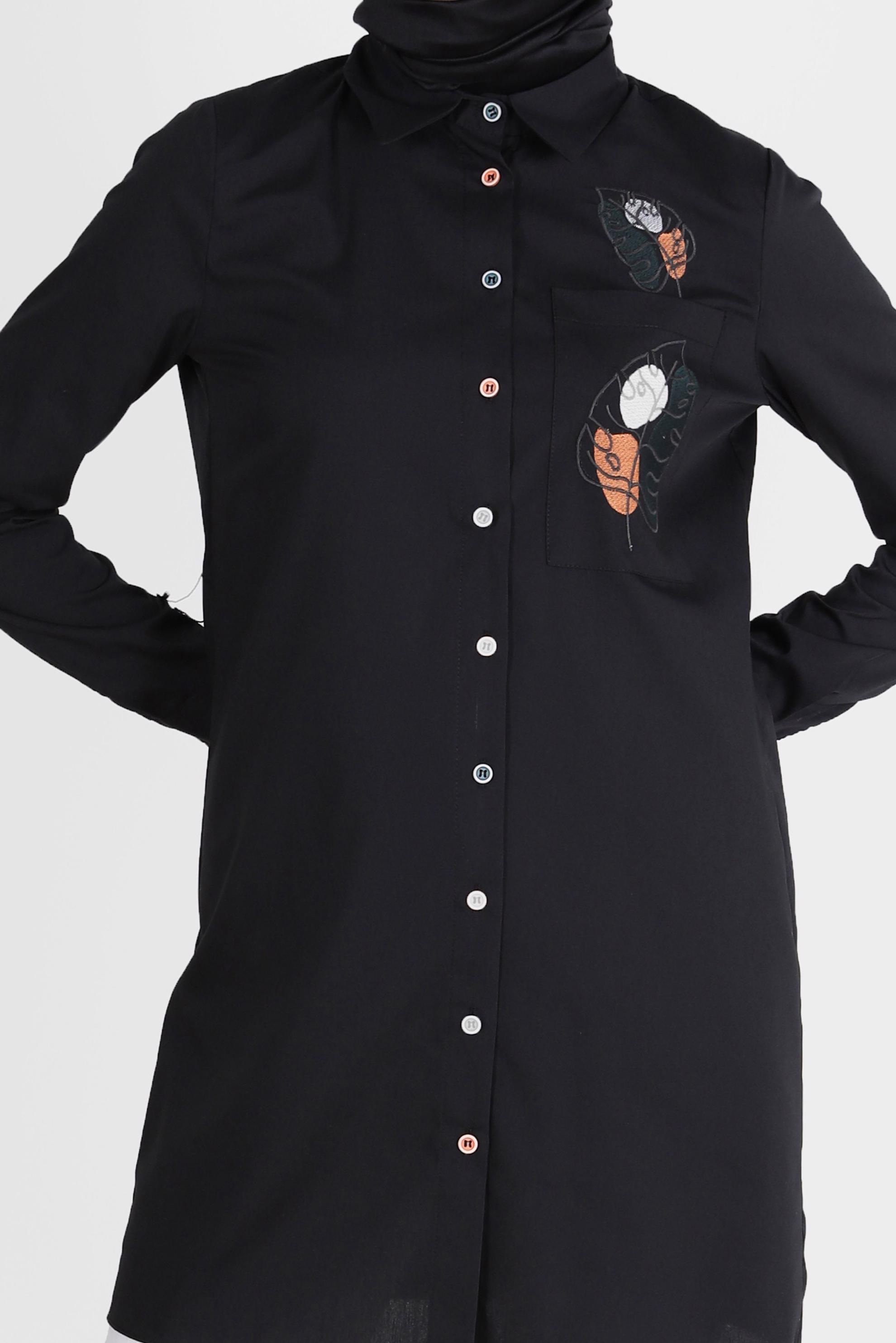 Tesettür giyim SİYAH NAKIŞ DETAYLI DÜĞMELİ TUNİK 41754-1 