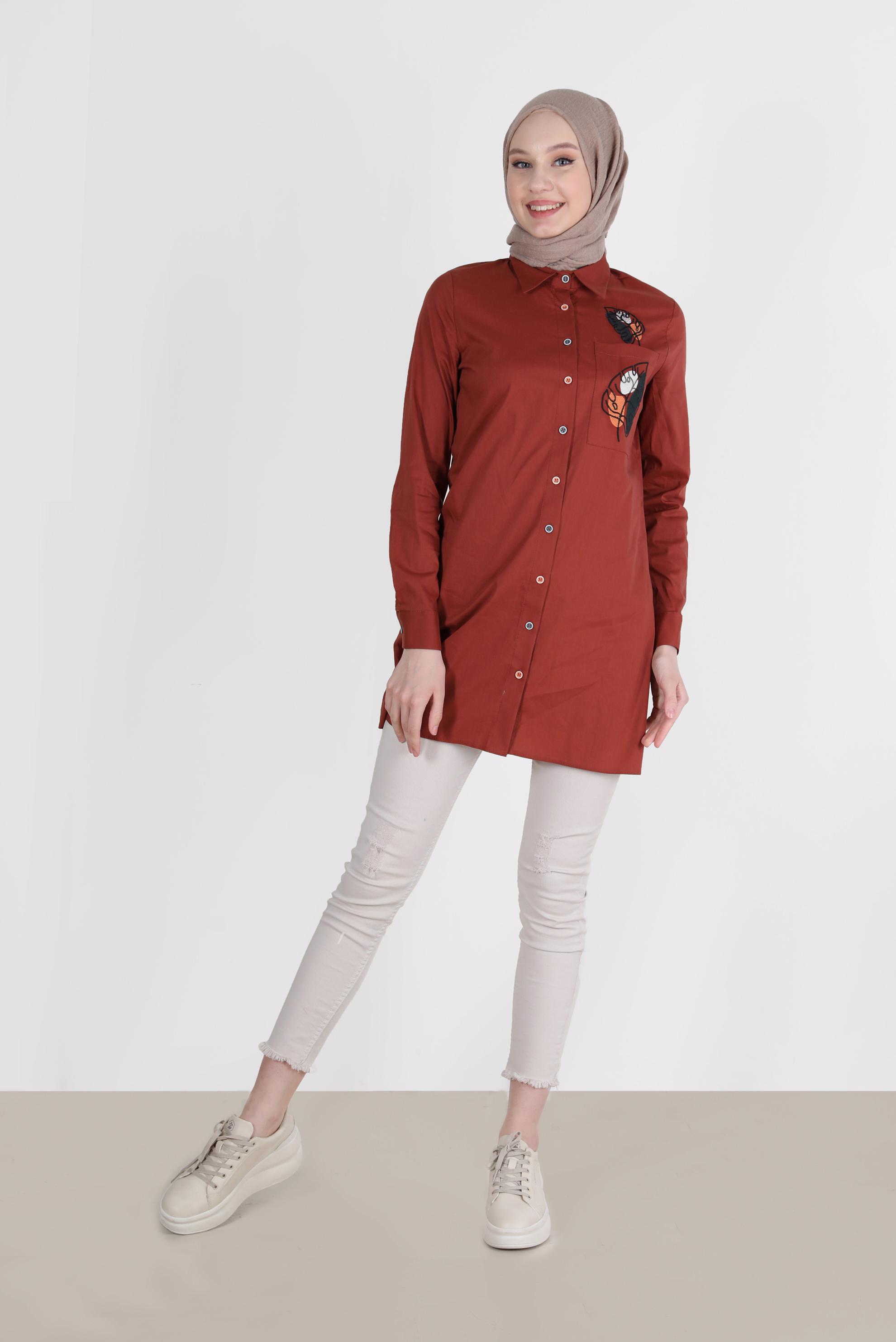 Tesettür giyim TURUNCU NAKIŞ DETAYLI DÜĞMELİ TUNİK 41754-1 