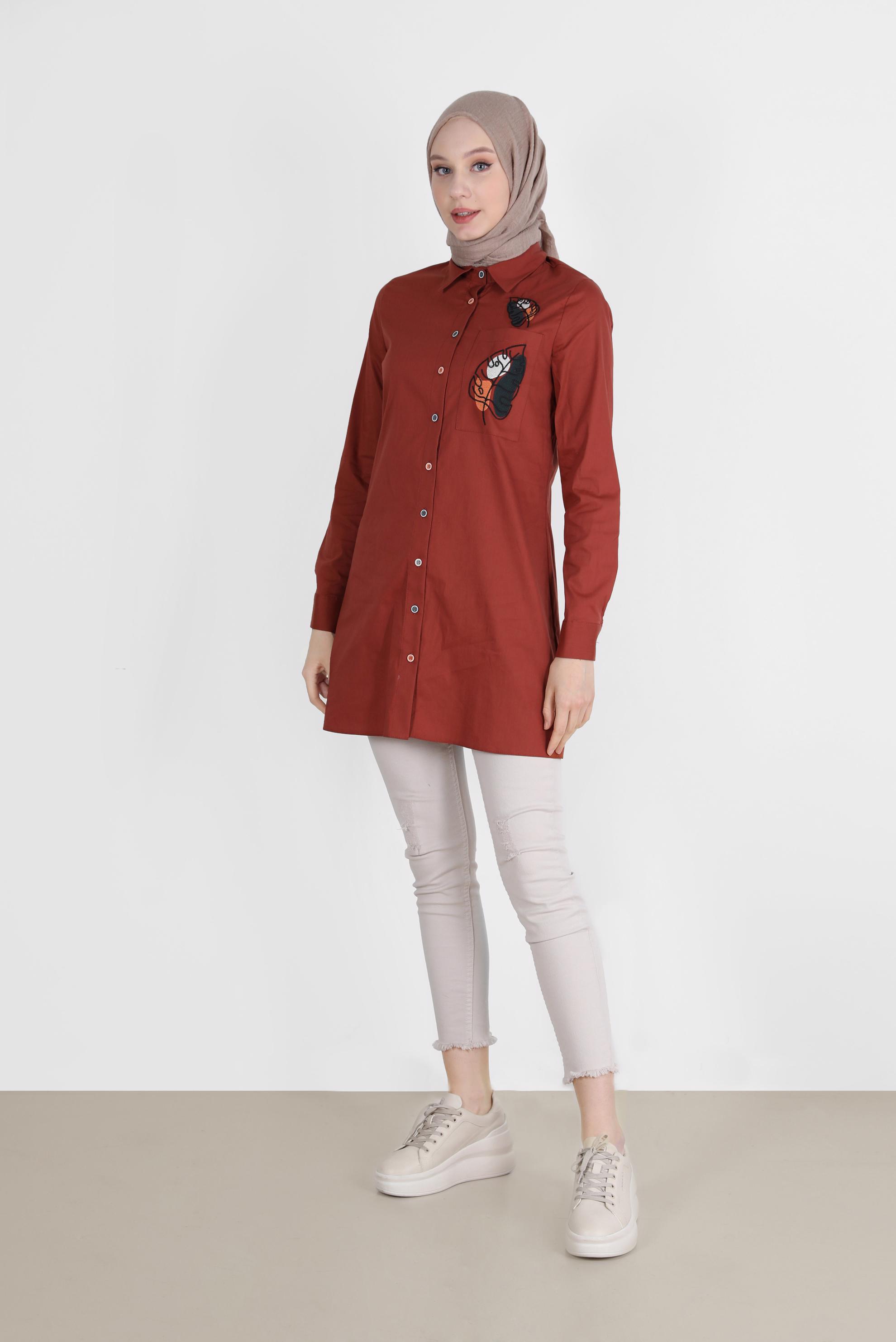 Tesettür giyim TURUNCU NAKIŞ DETAYLI DÜĞMELİ TUNİK 41754-1 