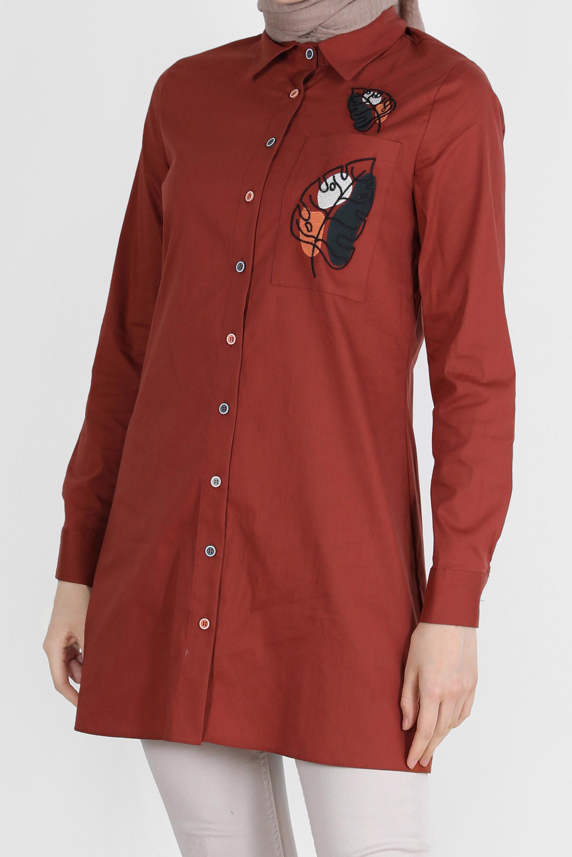 Tesettür giyim TURUNCU NAKIŞ DETAYLI DÜĞMELİ TUNİK 41754-1 