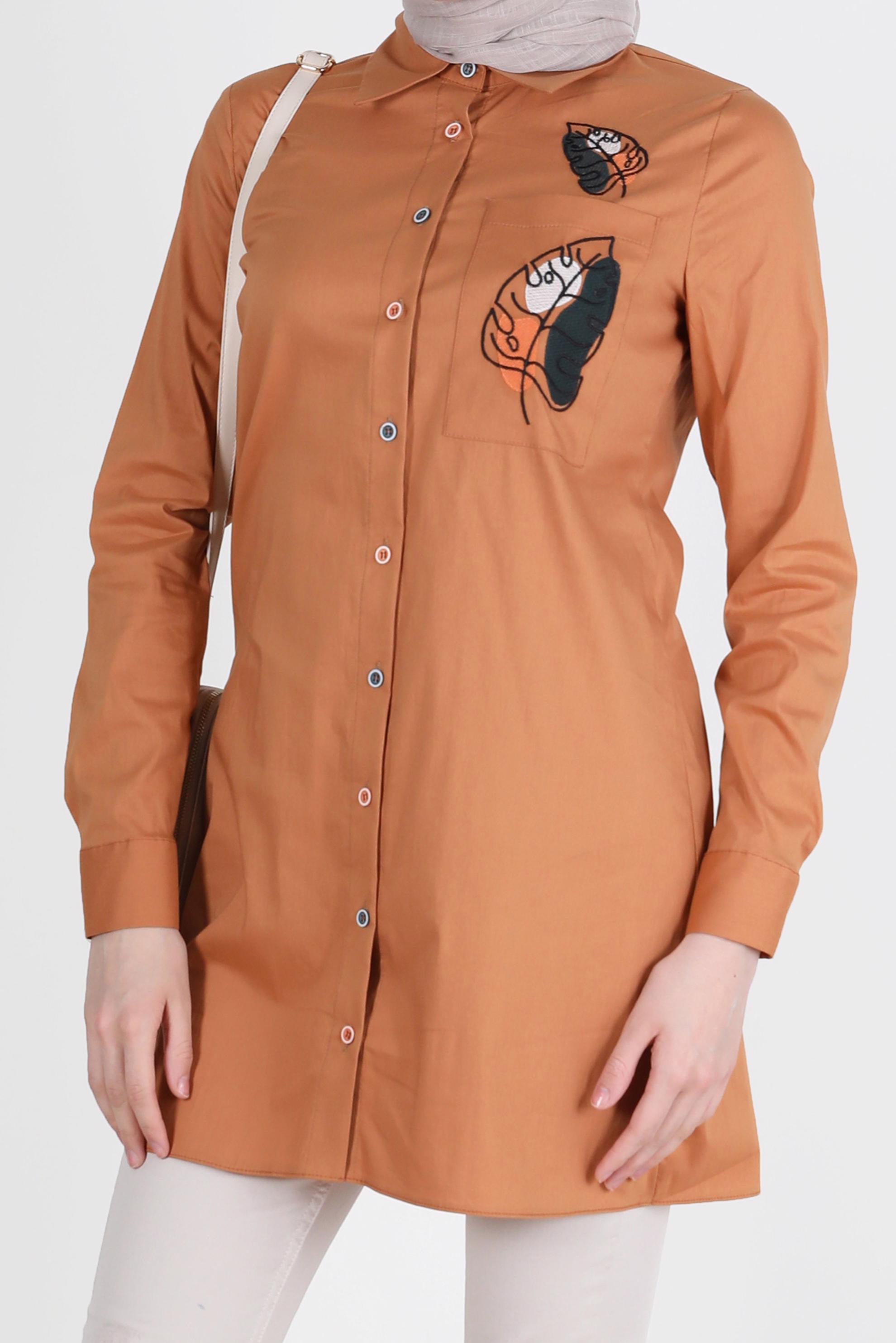 Tesettür giyim SARI NAKIŞ DETAYLI DÜĞMELİ TUNİK 41754-1 