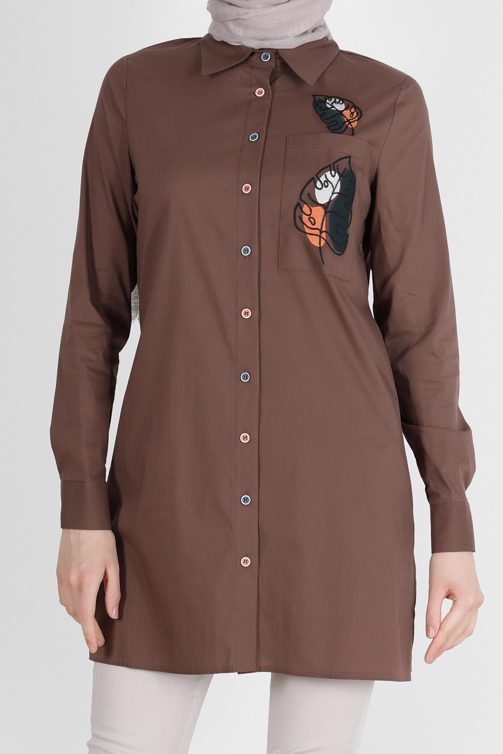 Tesettür giyim KAHVE NAKIŞ DETAYLI DÜĞMELİ TUNİK 41754-1 