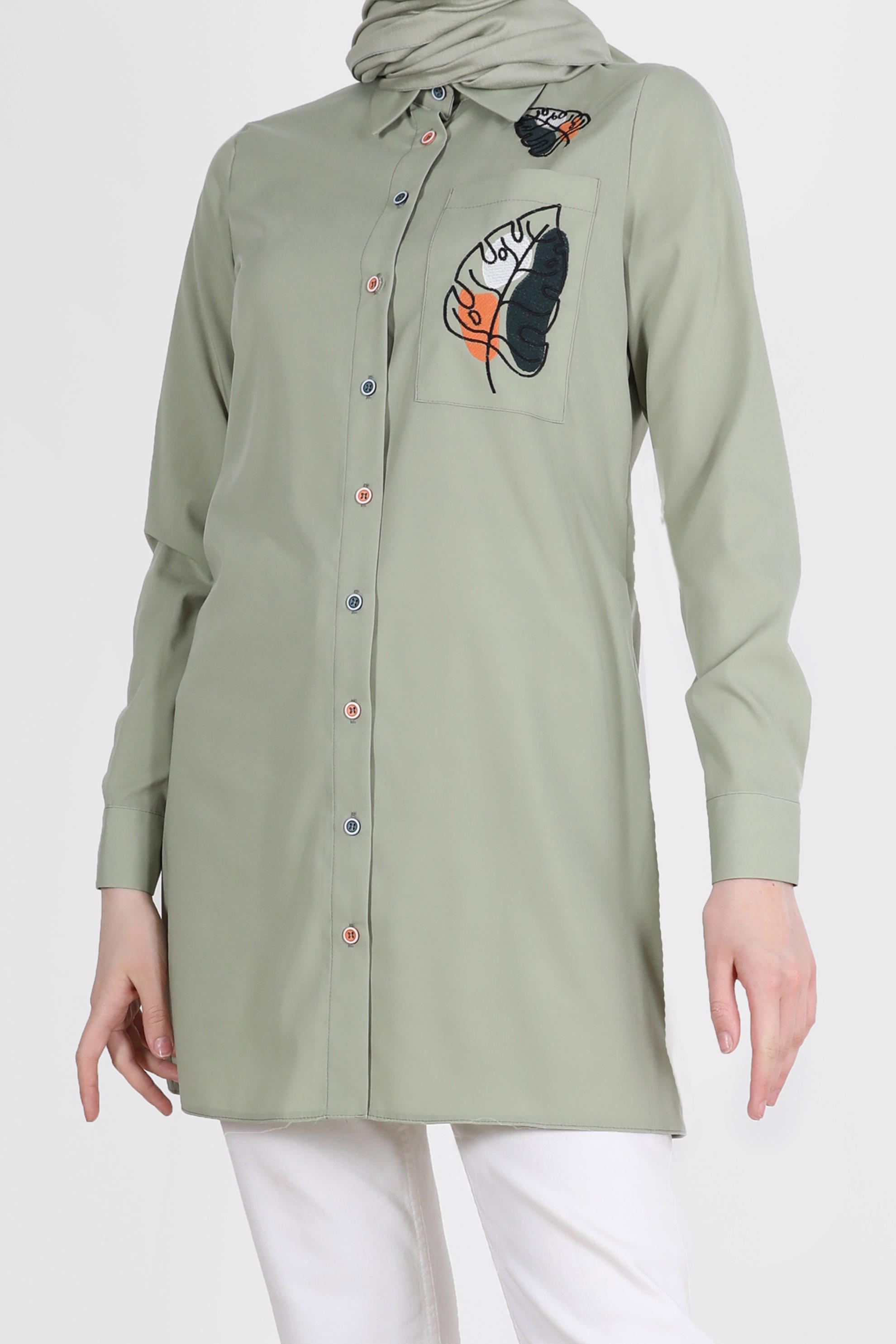 Tesettür giyim YEŞİL NAKIŞ DETAYLI DÜĞMELİ TUNİK 41754 