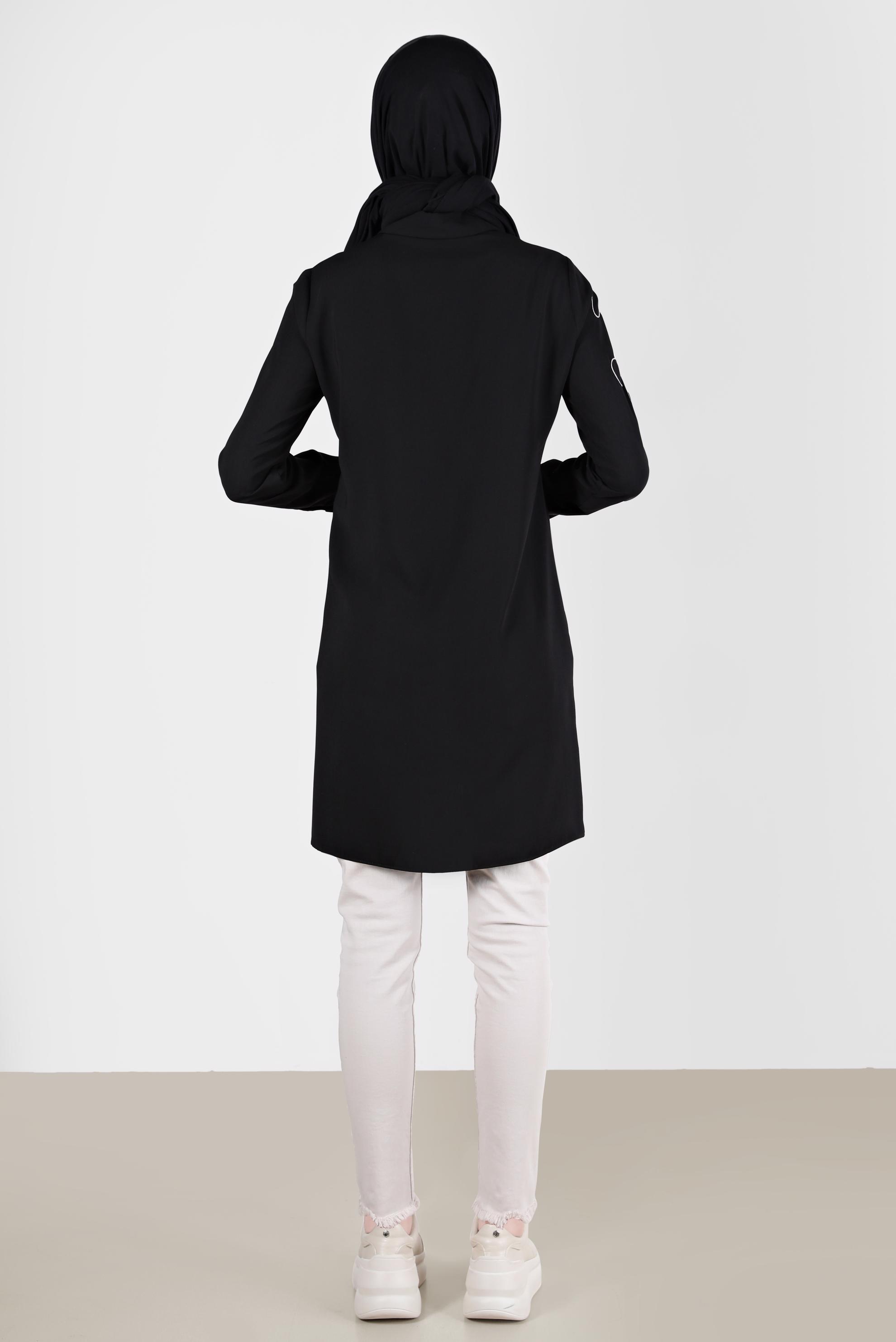 Tesettür giyim SİYAH NAKIŞ DETAYLI FERMUARLI TUNİK 41758 