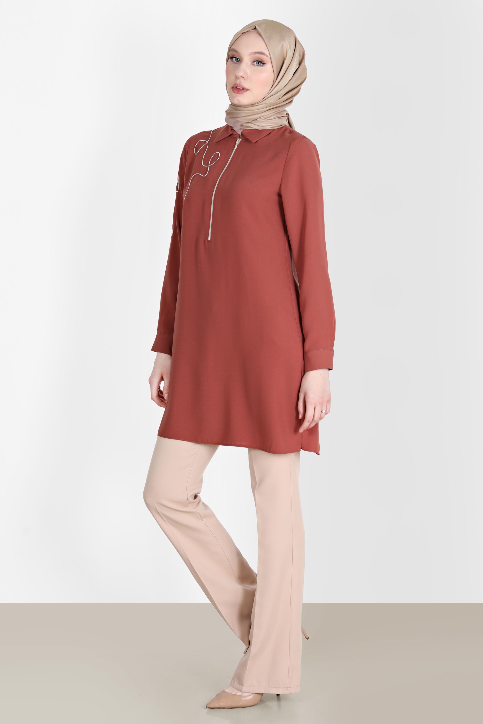 Tesettür giyim TURUNCU NAKIŞ DETAYLI FERMUARLI TUNİK 41758 